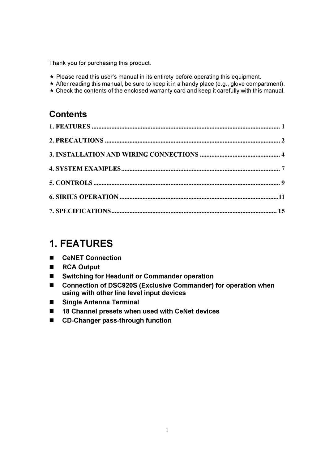 Sirius Satellite Radio SIR-CL1 user manual Features, Contents 