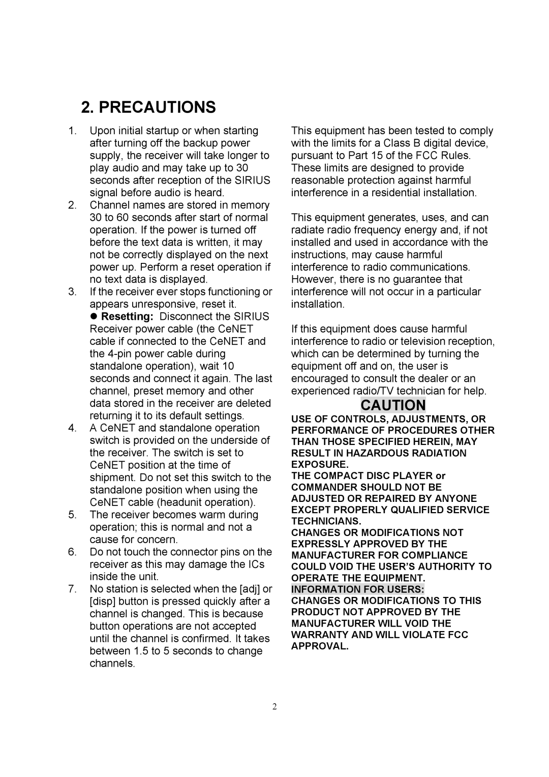 Sirius Satellite Radio SIR-CL1 user manual Precautions 