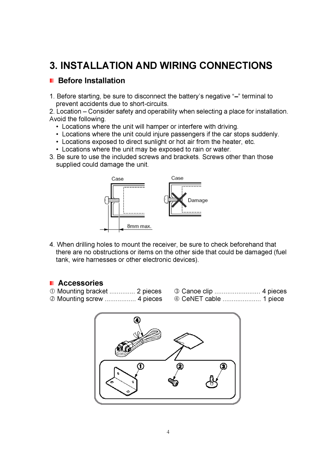 Sirius Satellite Radio SIR-CL1 user manual Installation and Wiring Connections, Before Installation, Accessories 