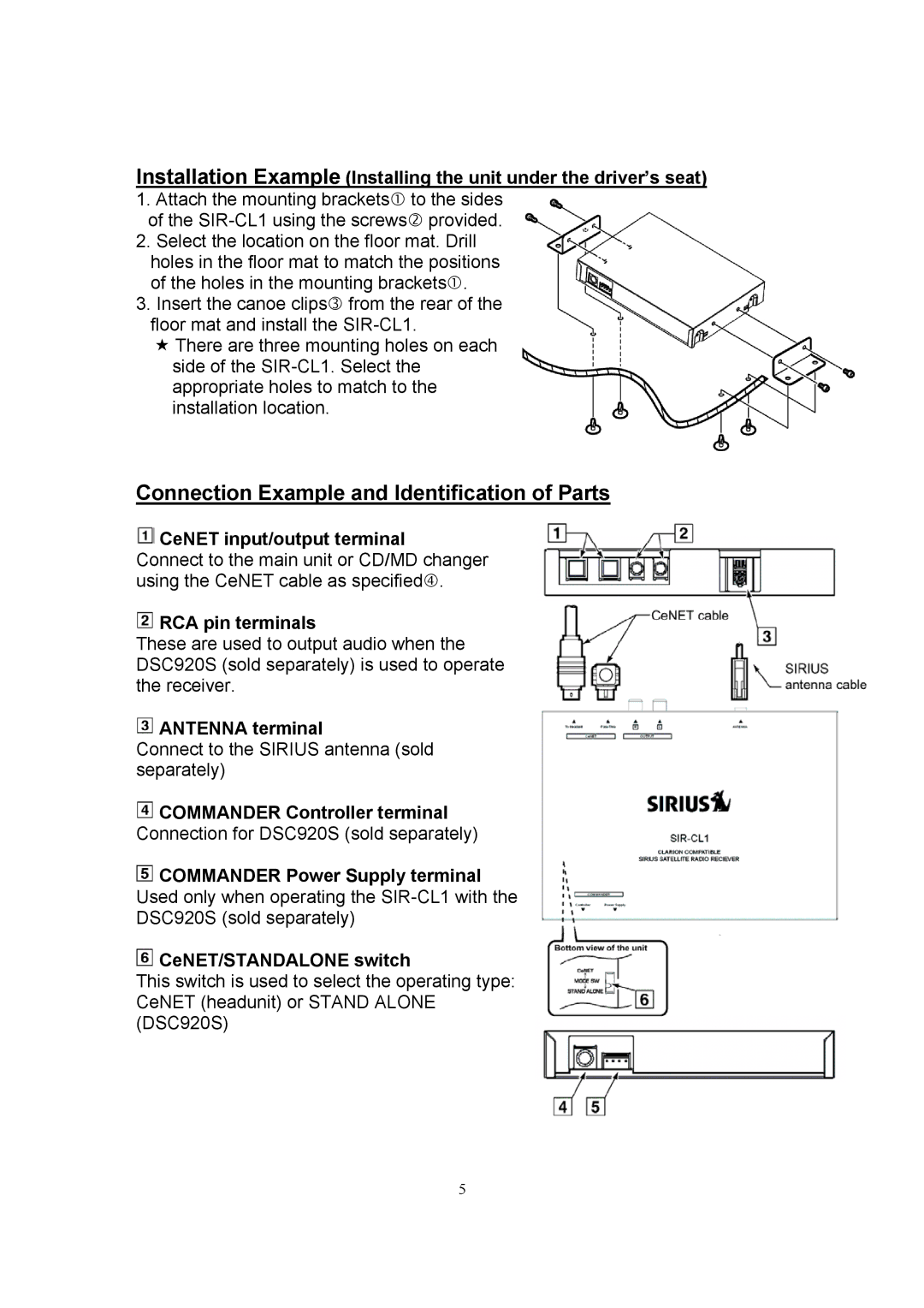 Sirius Satellite Radio SIR-CL1 user manual Connection Example and Identification of Parts 