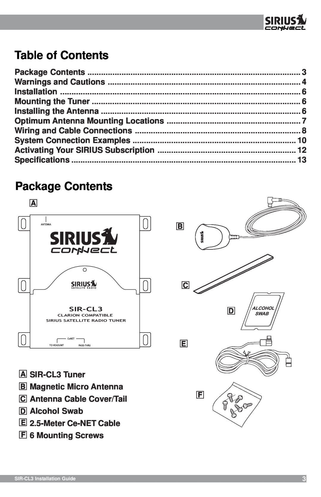 Sirius Satellite Radio SIR-CL3 manual Package Contents, Table of Contents 