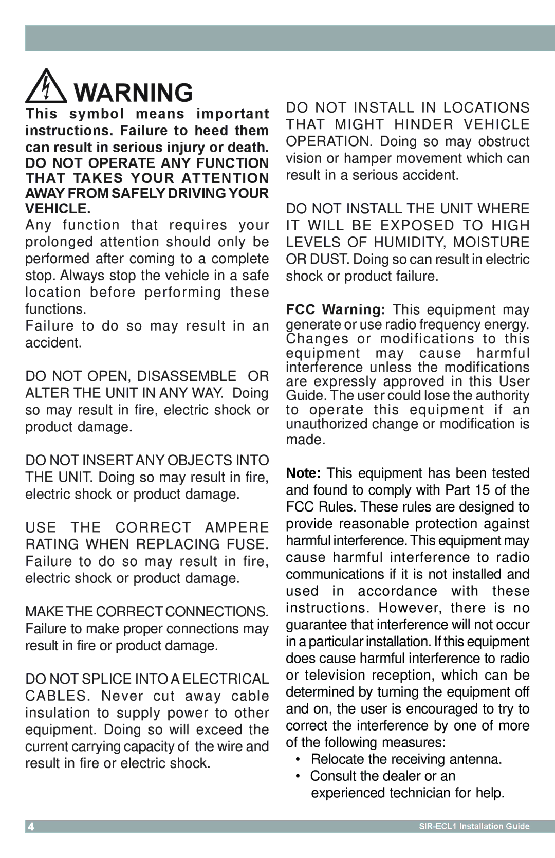 Sirius Satellite Radio manual SIR-ECL1 Installation Guide 