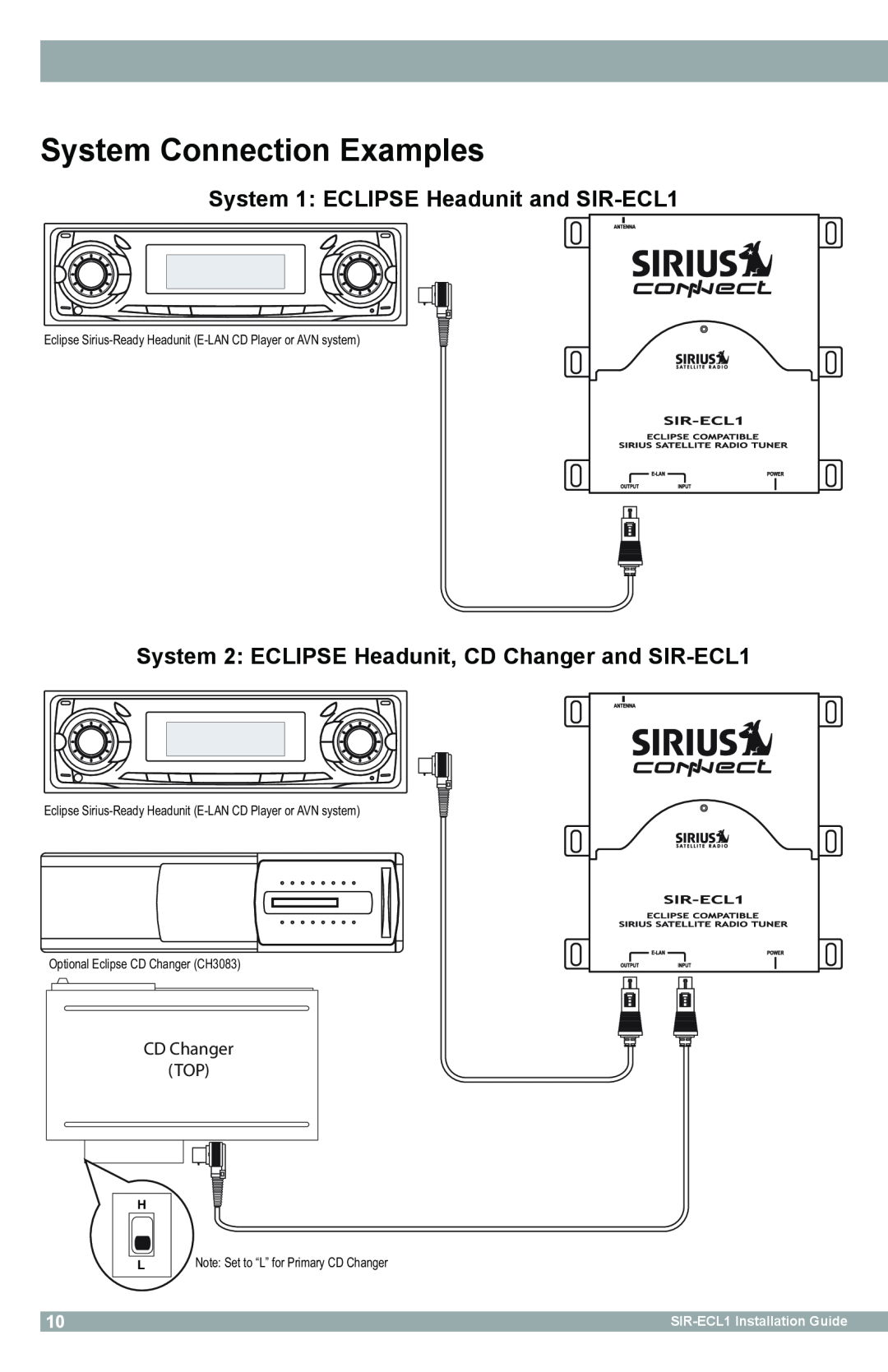 Sirius Satellite Radio SIR-ECL1 manual System Connection Examples, CD Changer TOP, Optional Eclipse CD Changer CH3083 