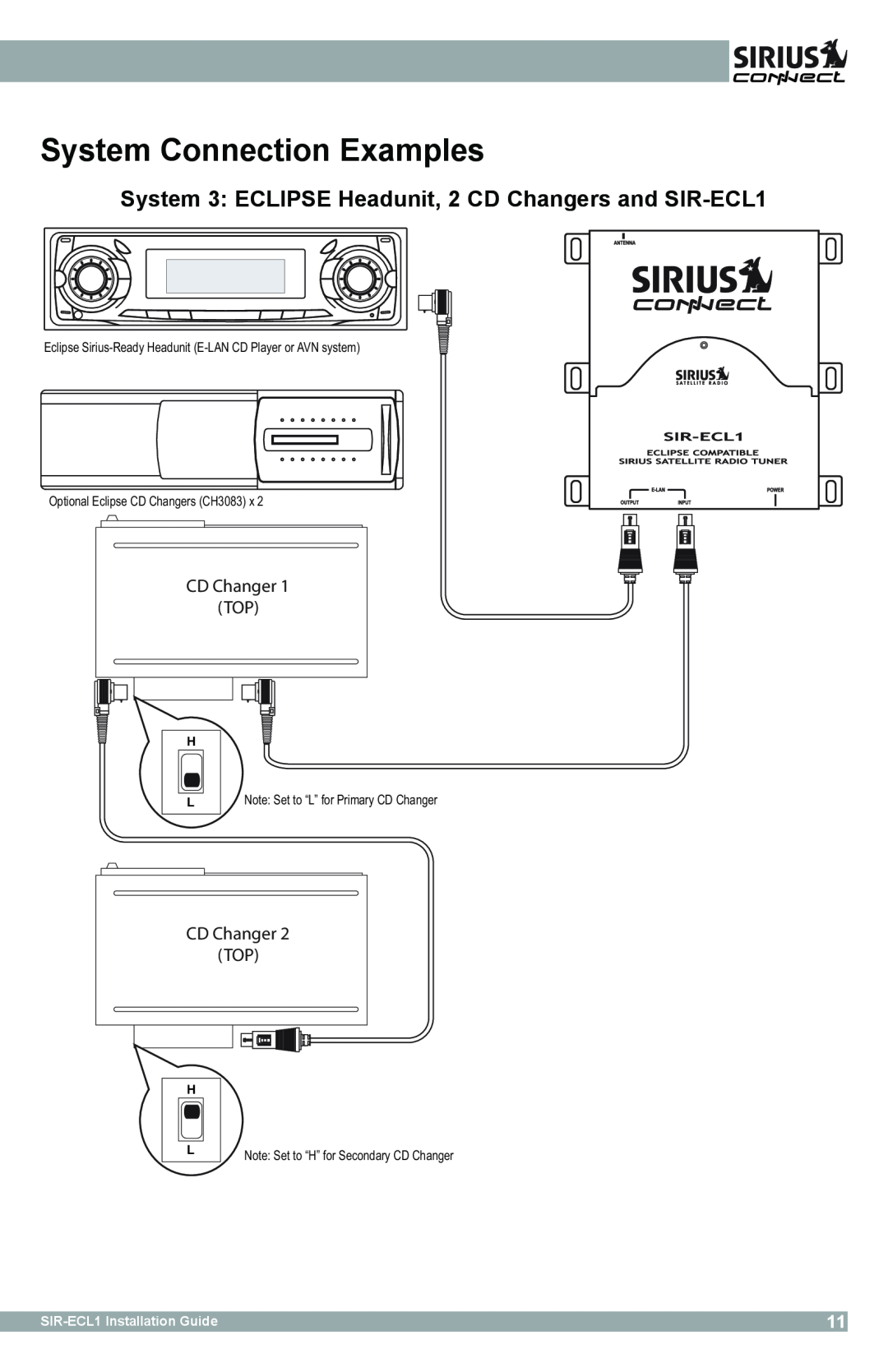 Sirius Satellite Radio SIR-ECL1 manual System Connection Examples, CD Changer TOP, Optional Eclipse CD Changers CH3083 