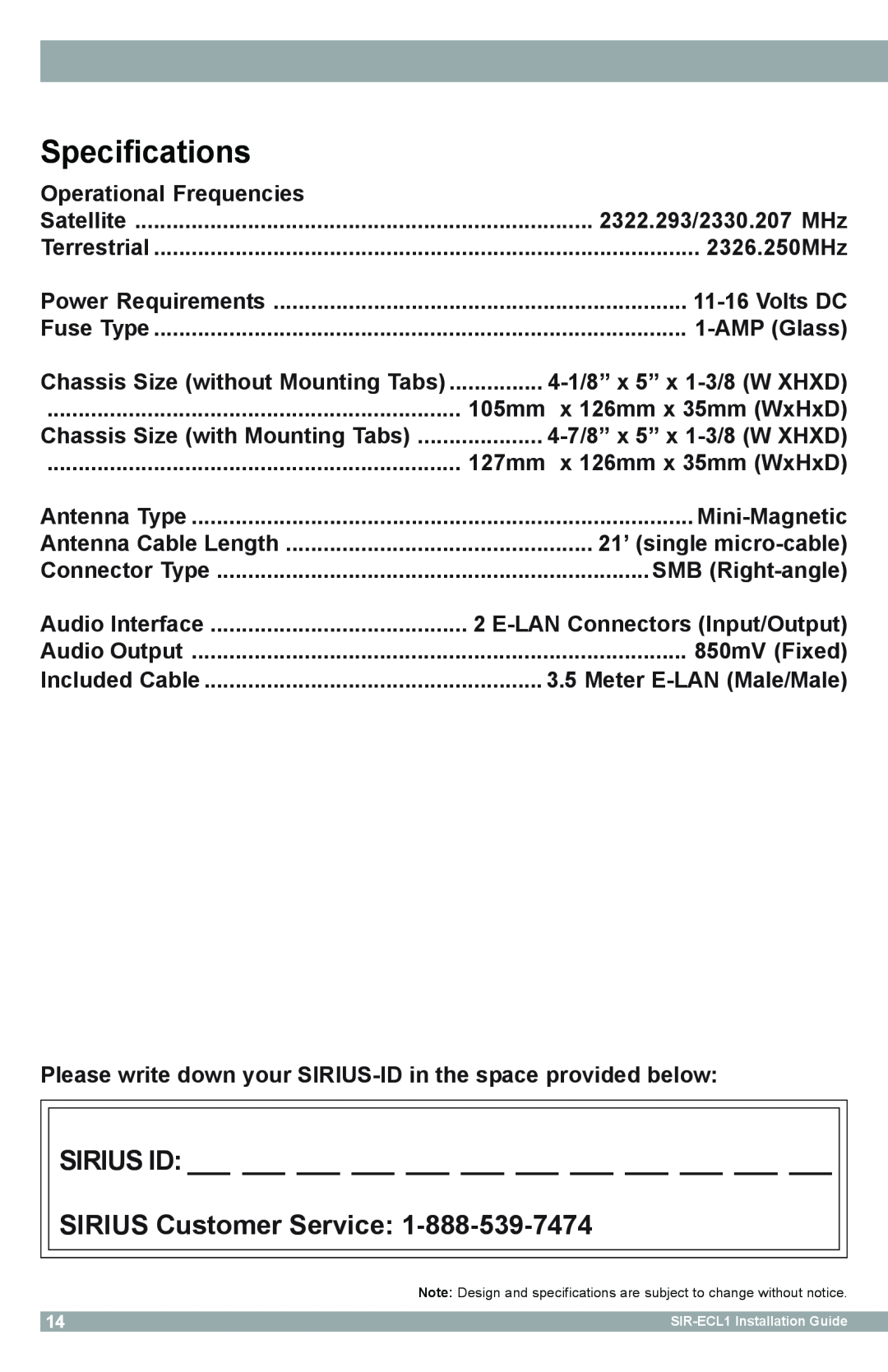 Sirius Satellite Radio SIR-ECL1 manual Specifications, SIRIUS Customer Service 