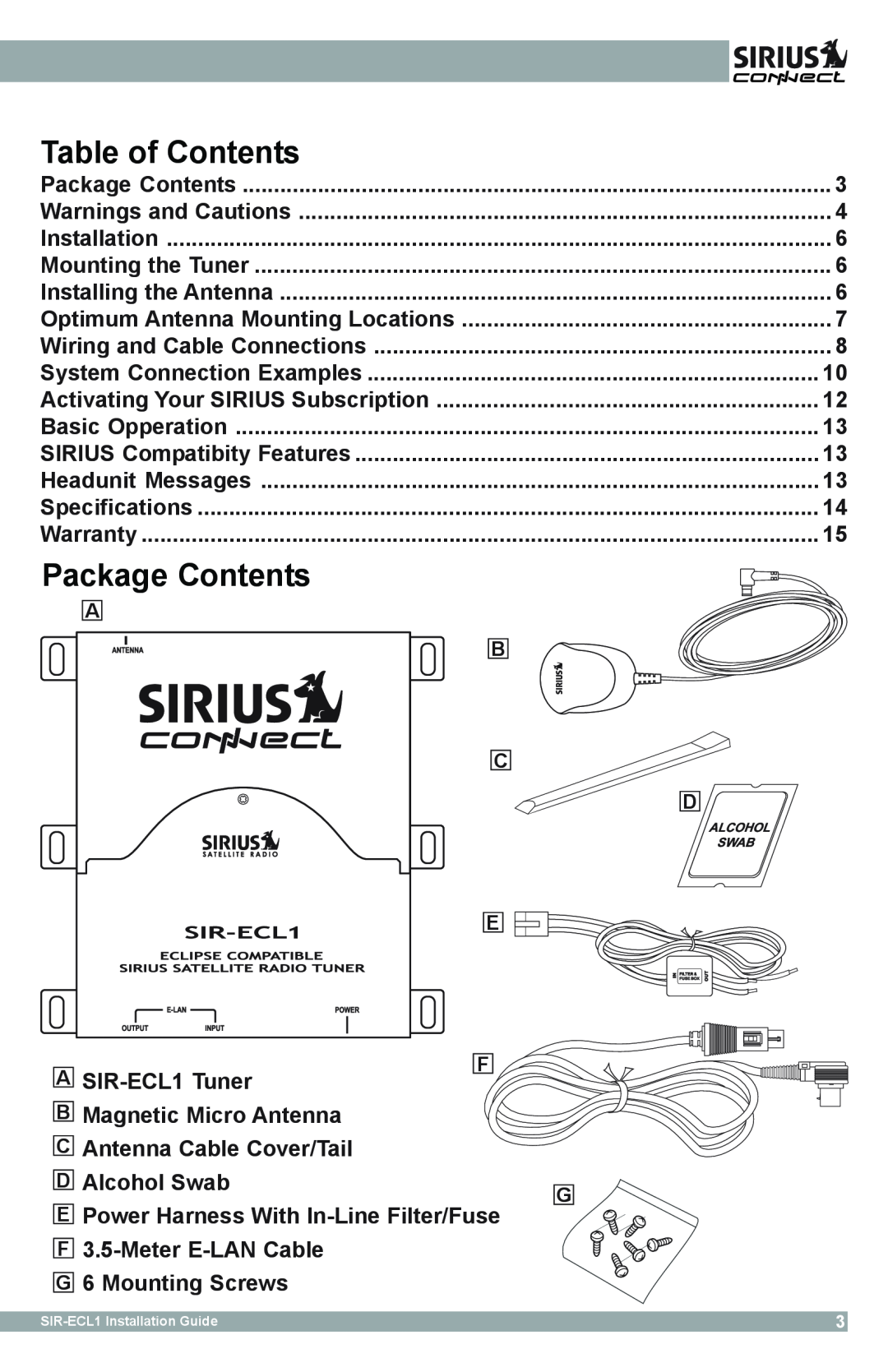 Sirius Satellite Radio SIR-ECL1 manual Table of Contents, Package Contents 