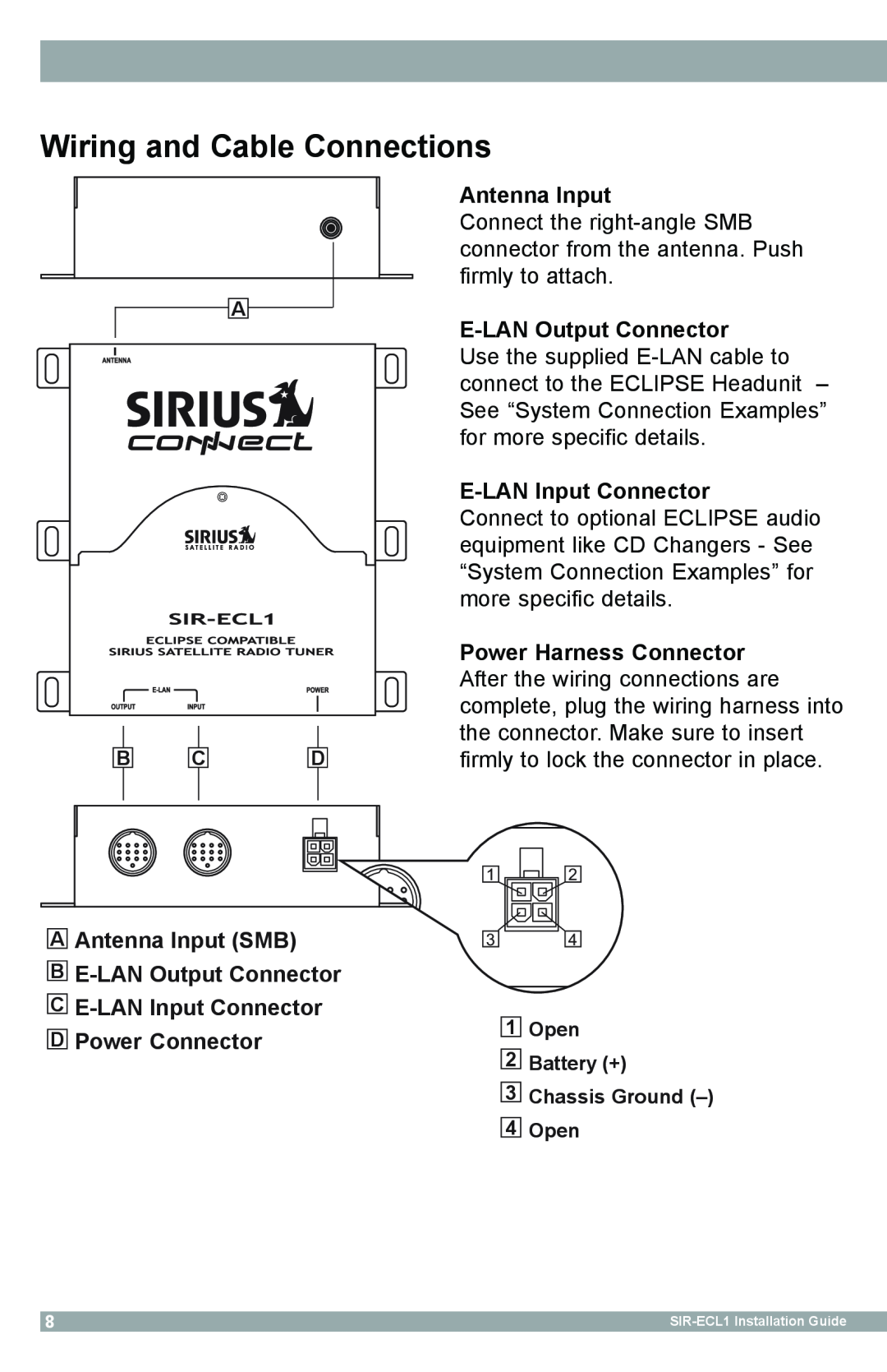 Sirius Satellite Radio SIR-ECL1 manual Wiring and Cable Connections 