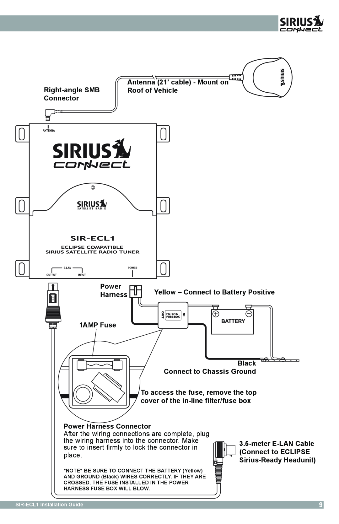 Sirius Satellite Radio SIR-ECL1 manual Antenna 21’ cable - Mount on, Right-angleSMB Roof of Vehicle Connector 