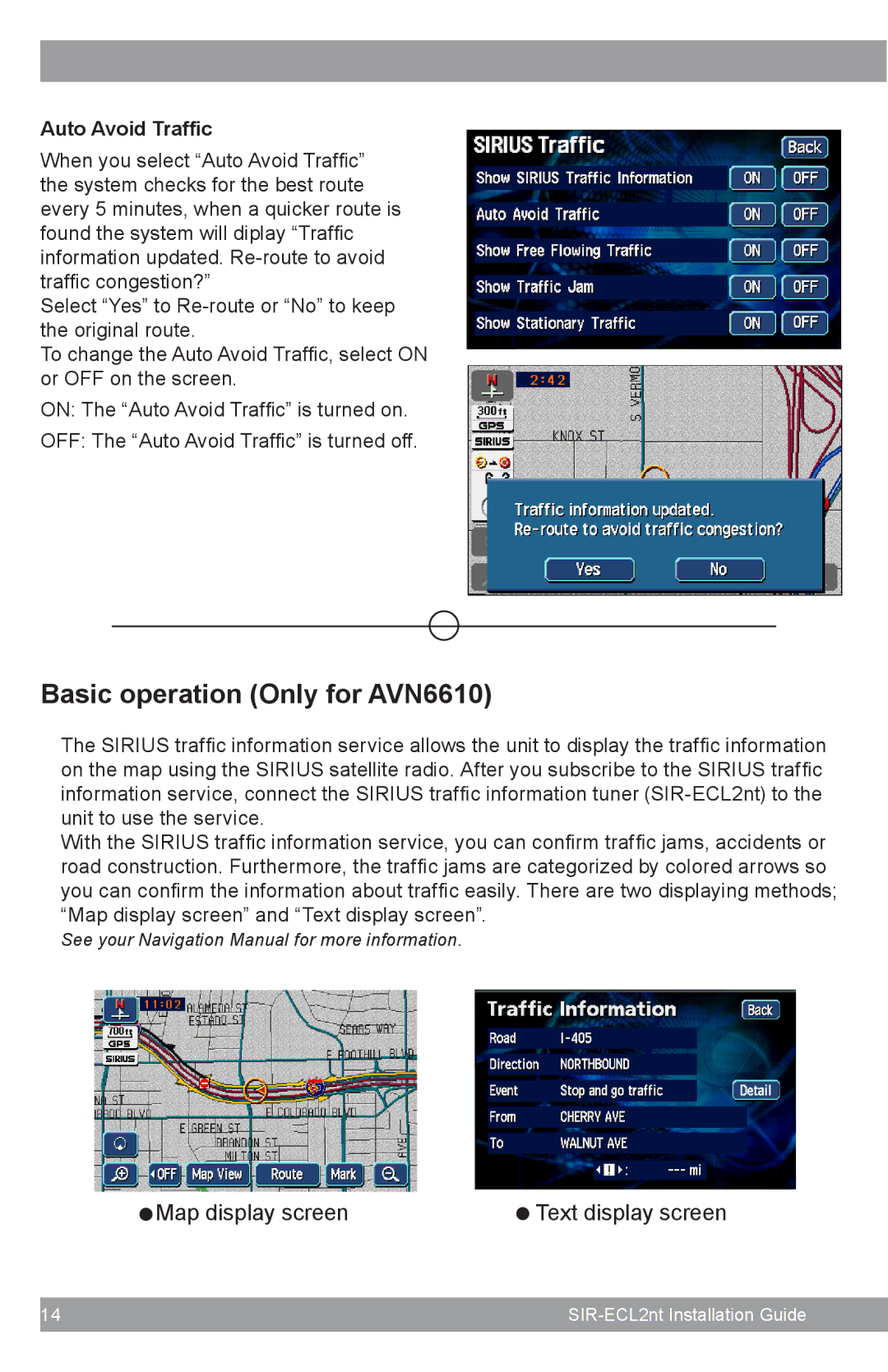 Sirius Satellite Radio SIR-ECL2nt manual Basic operation Only for AVN6610, Auto Avoid Traffic 