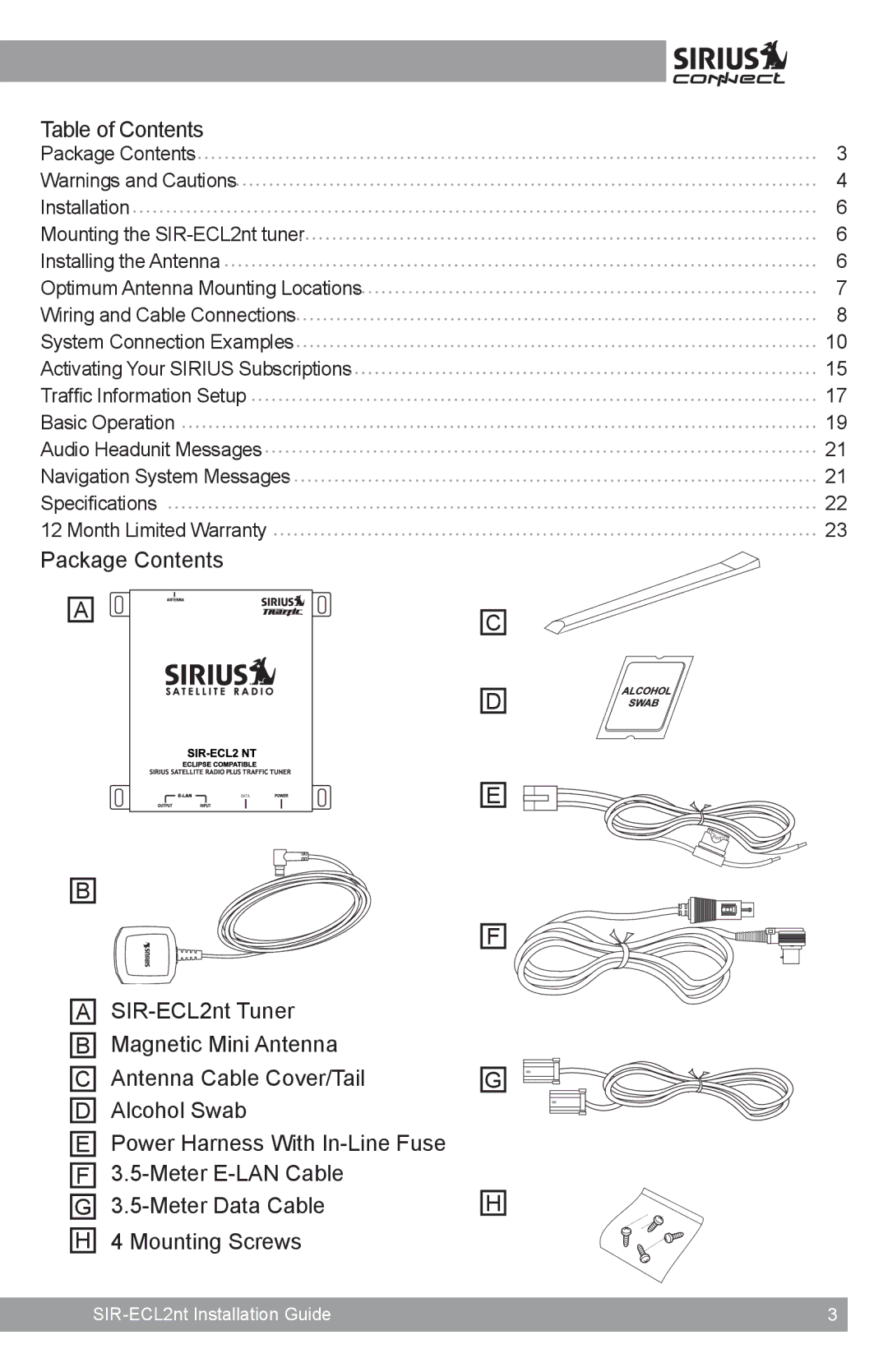 Sirius Satellite Radio SIR-ECL2nt manual Package Contents 