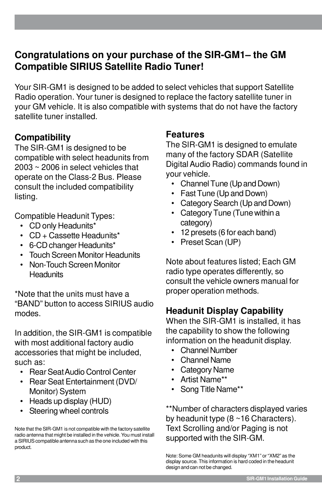 Sirius Satellite Radio SIR-GM1 manual Compatibility 