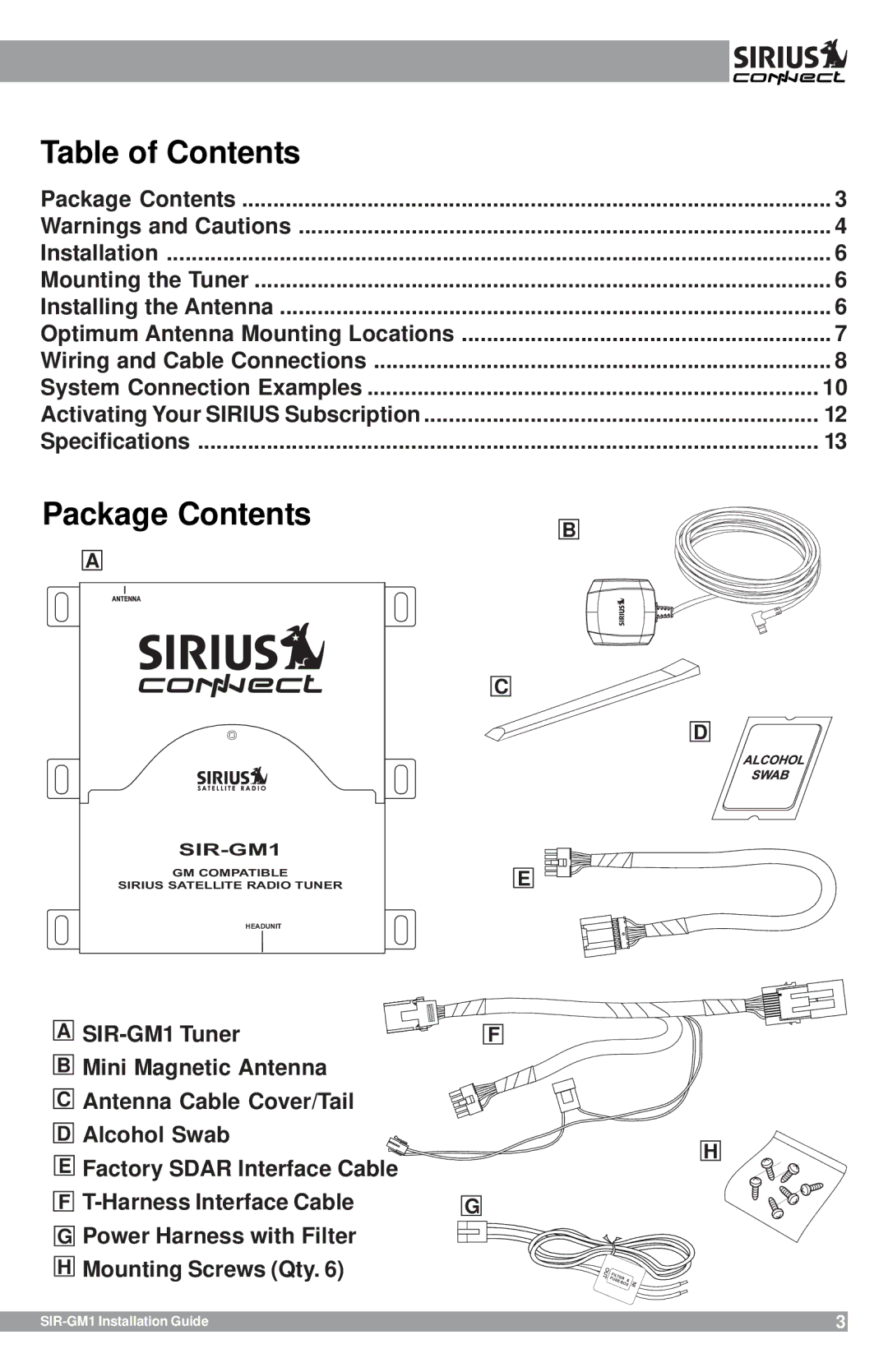 Sirius Satellite Radio SIR-GM1 manual Table of Contents 