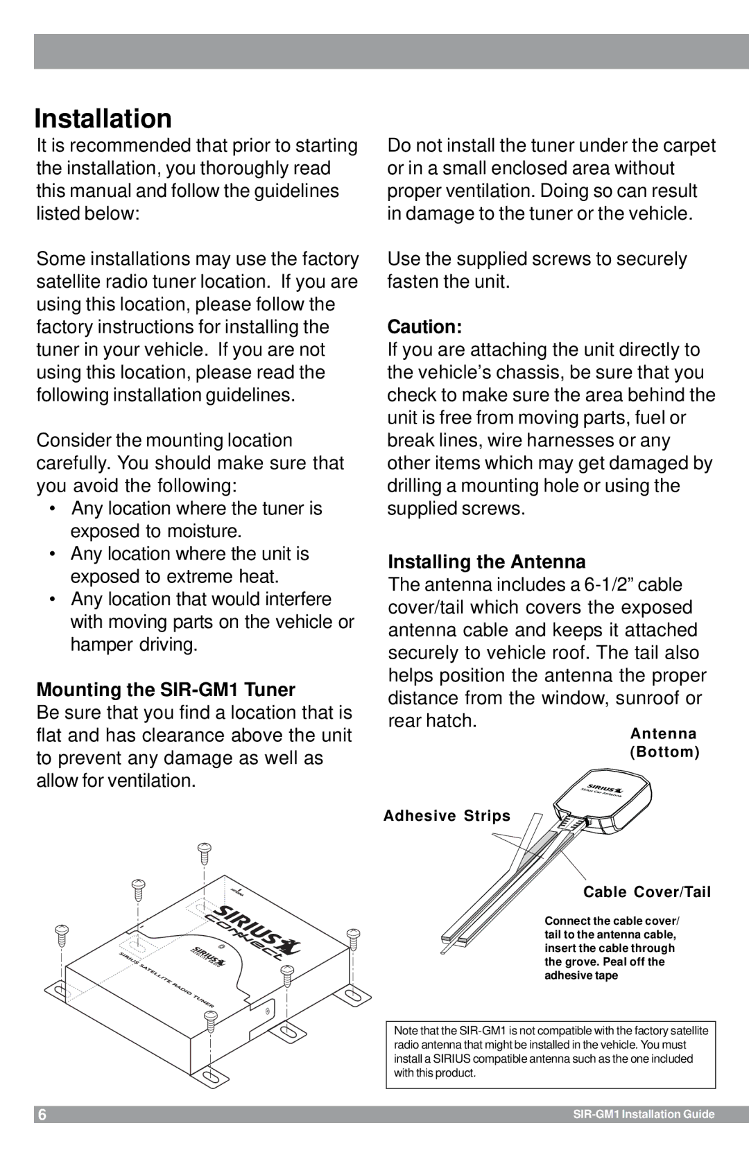 Sirius Satellite Radio manual Installation, Mounting the SIR-GM1 Tuner, Installing the Antenna 