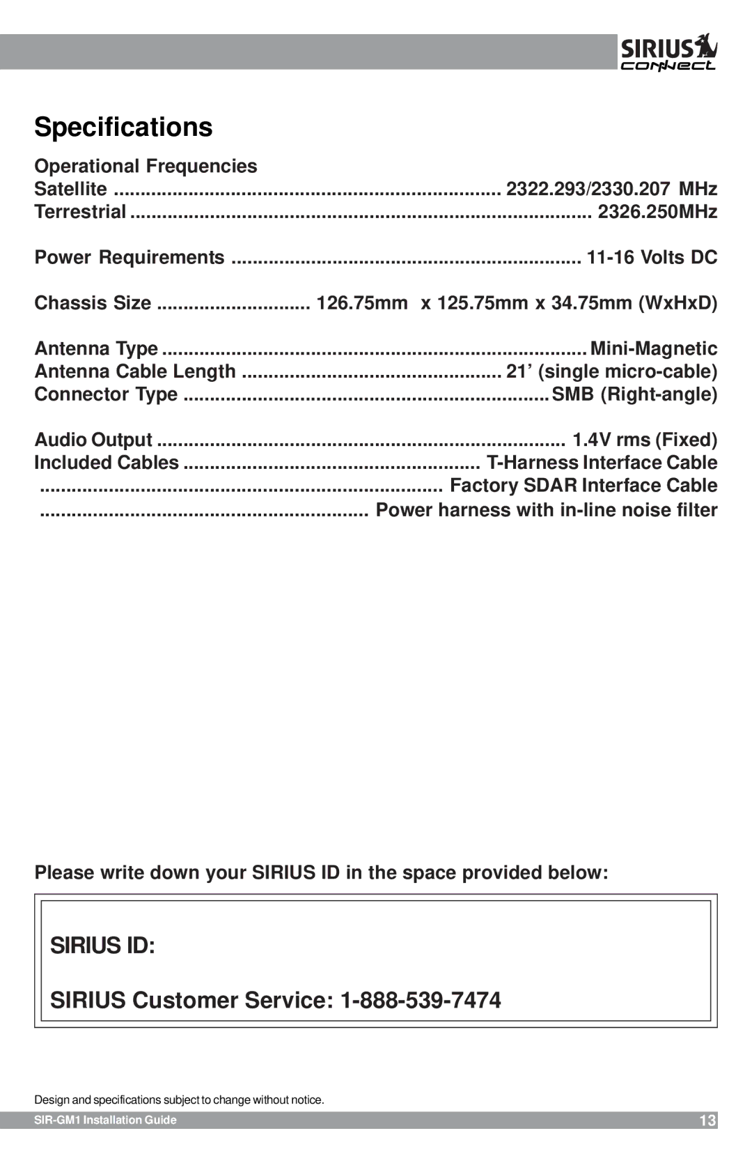 Sirius Satellite Radio SIR-GM1 manual Specifications, Sirius ID 