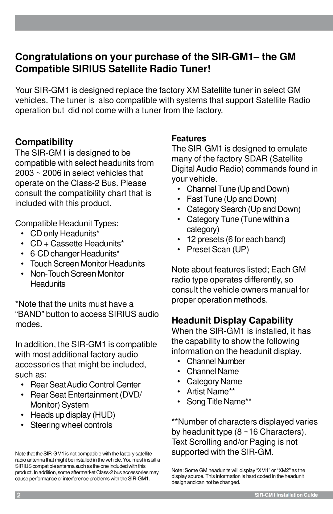 Sirius Satellite Radio SIR-GM1 manual Compatibility, Features 