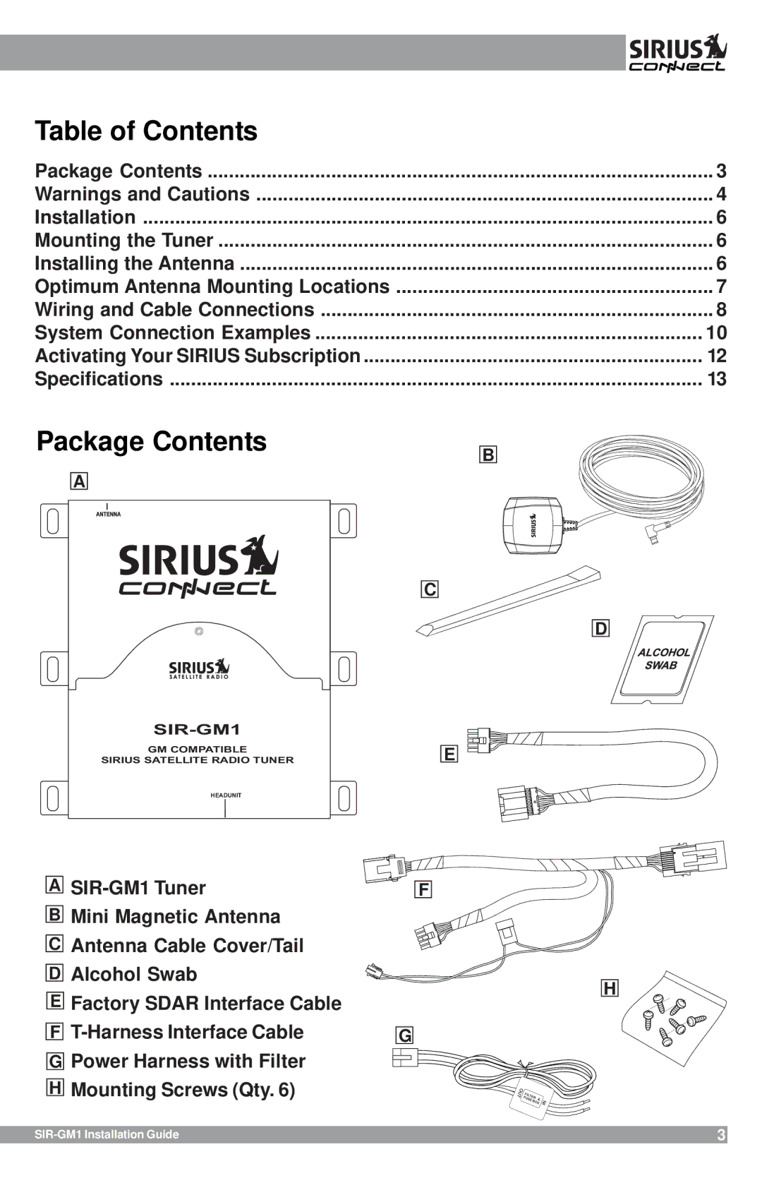 Sirius Satellite Radio SIR-GM1 manual Table of Contents 