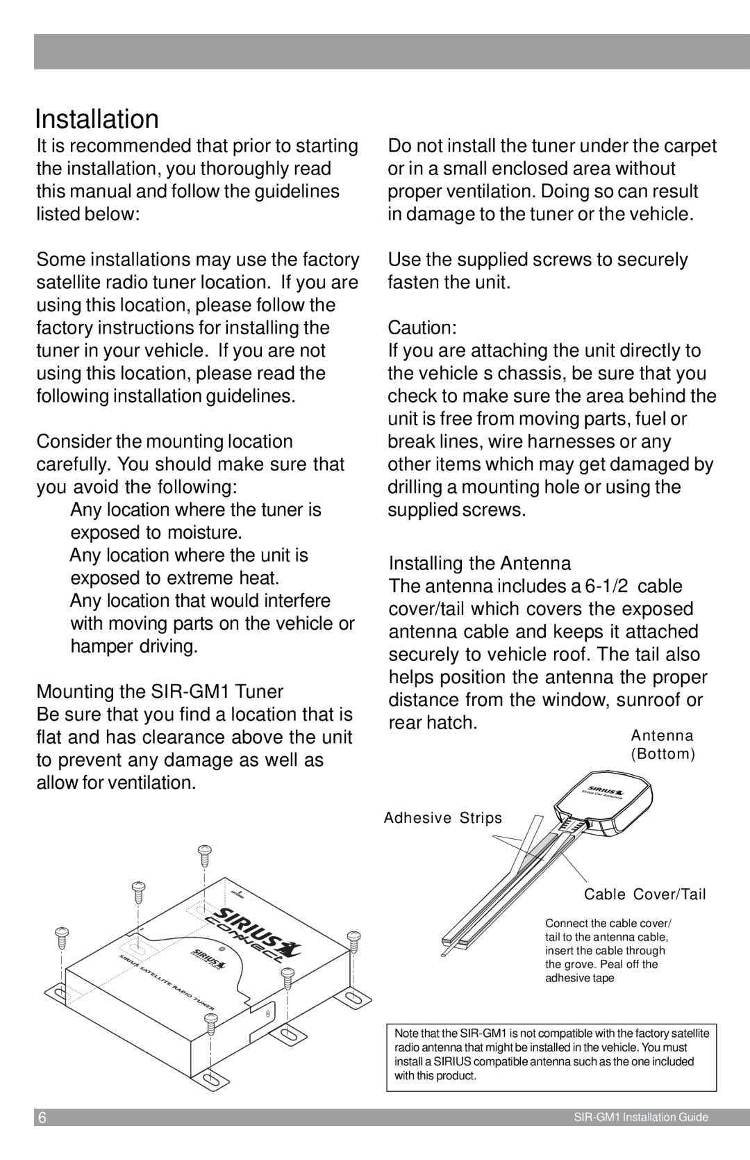 Sirius Satellite Radio manual Installation, Mounting the SIR-GM1 Tuner, Installing the Antenna 