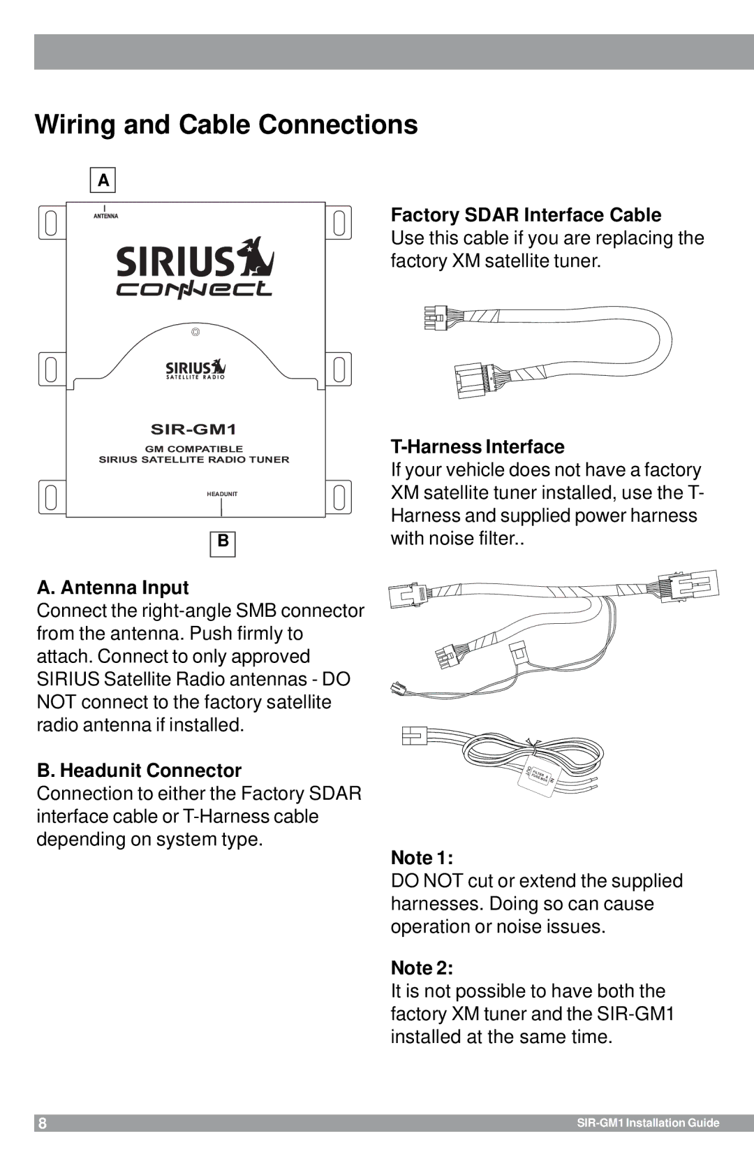 Sirius Satellite Radio SIR-GM1 manual Wiring and Cable Connections, Antenna Input, Headunit Connector 