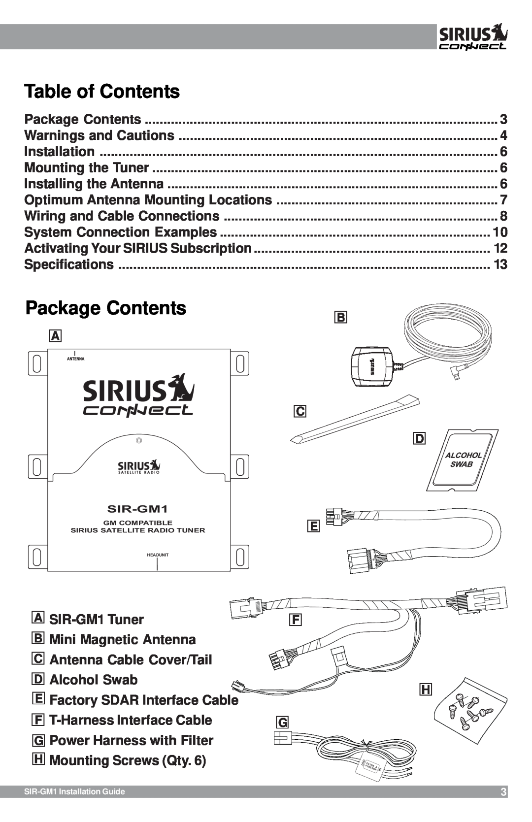 Sirius Satellite Radio SIR-GM1 manual Package Contents, Table of Contents 