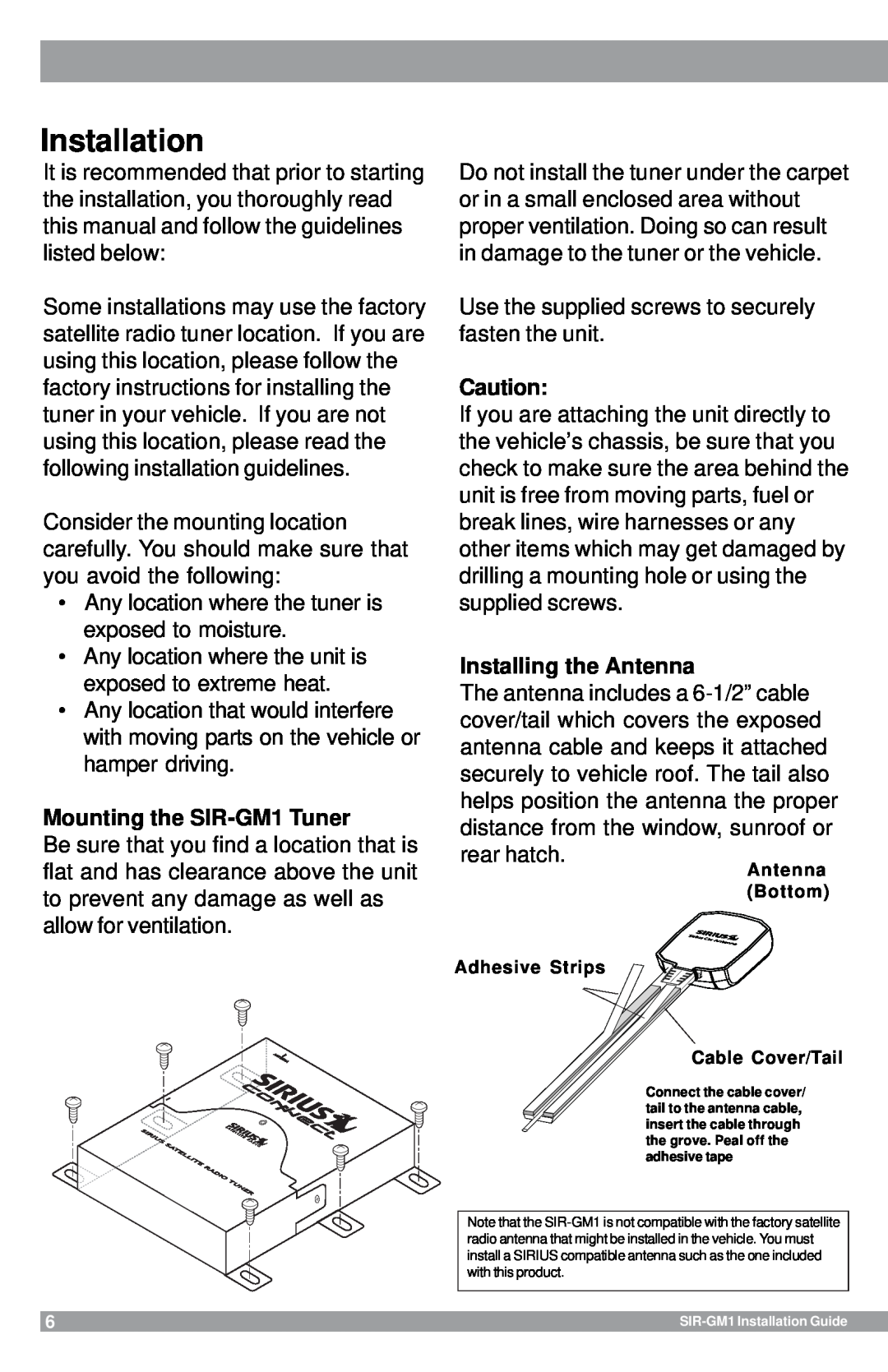 Sirius Satellite Radio manual Installation, Mounting the SIR-GM1Tuner, Installing the Antenna 