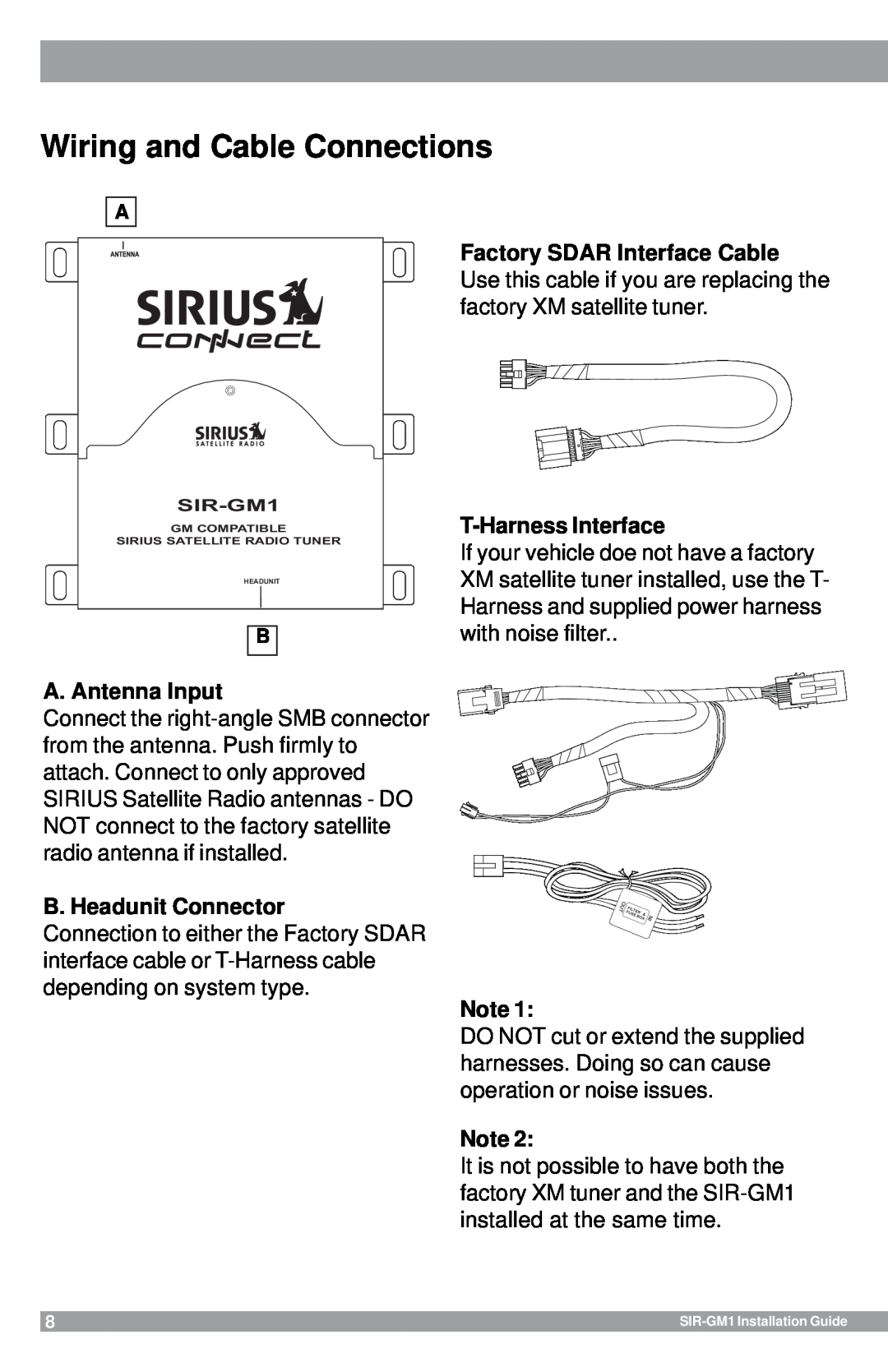 Sirius Satellite Radio SIR-GM1 Wiring and Cable Connections, A. Antenna Input, B. Headunit Connector, T-HarnessInterface 
