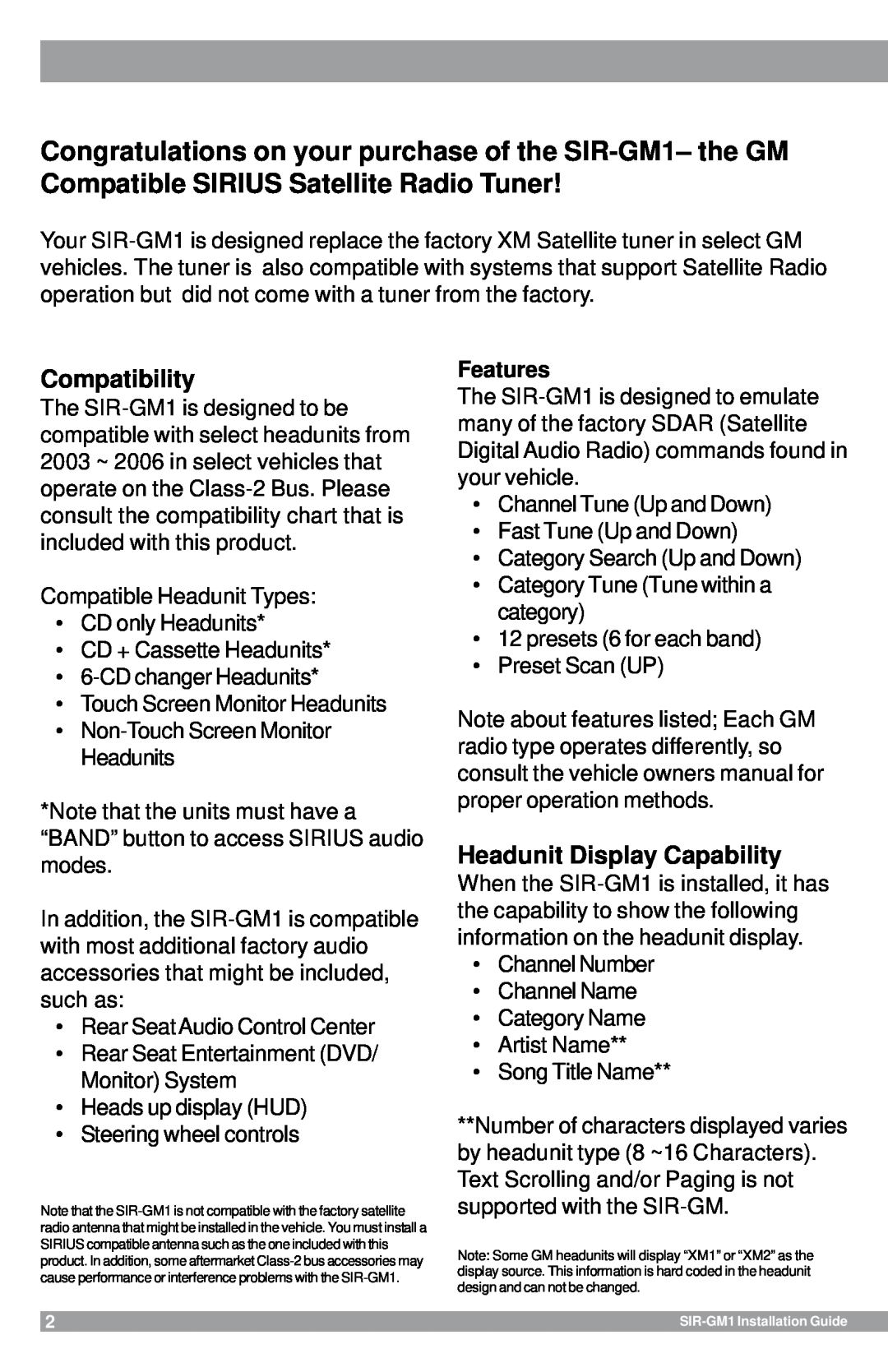 Sirius Satellite Radio SIR-GM1 manual Features, Compatibility, Headunit Display Capability 