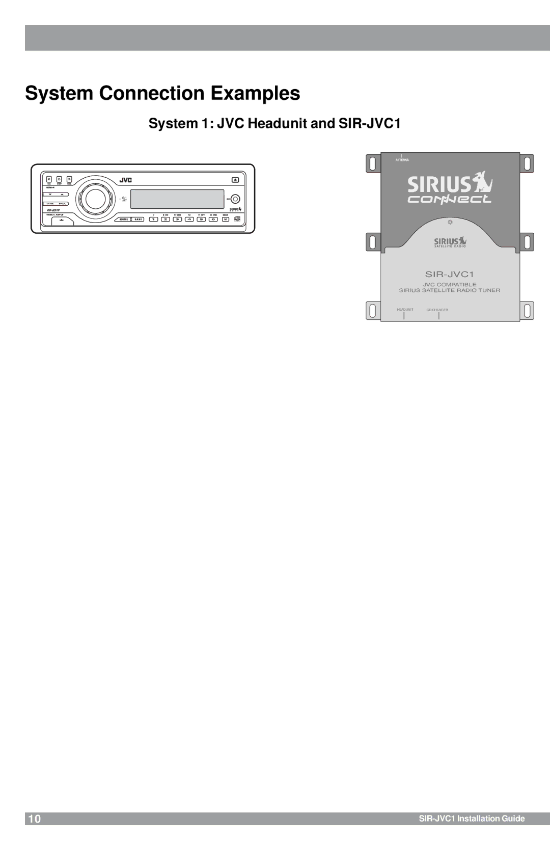 Sirius Satellite Radio manual System Connection Examples, System 1 JVC Headunit and SIR-JVC1 