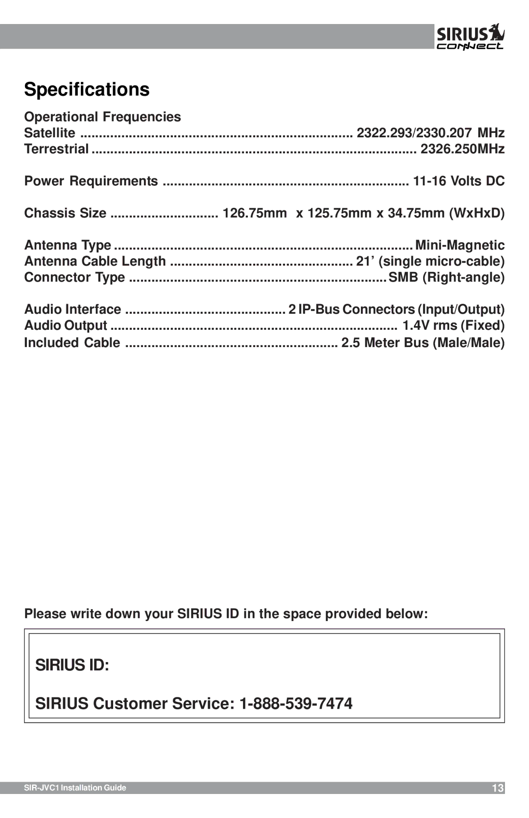 Sirius Satellite Radio SIR-JVC1 manual Specifications, Sirius ID 