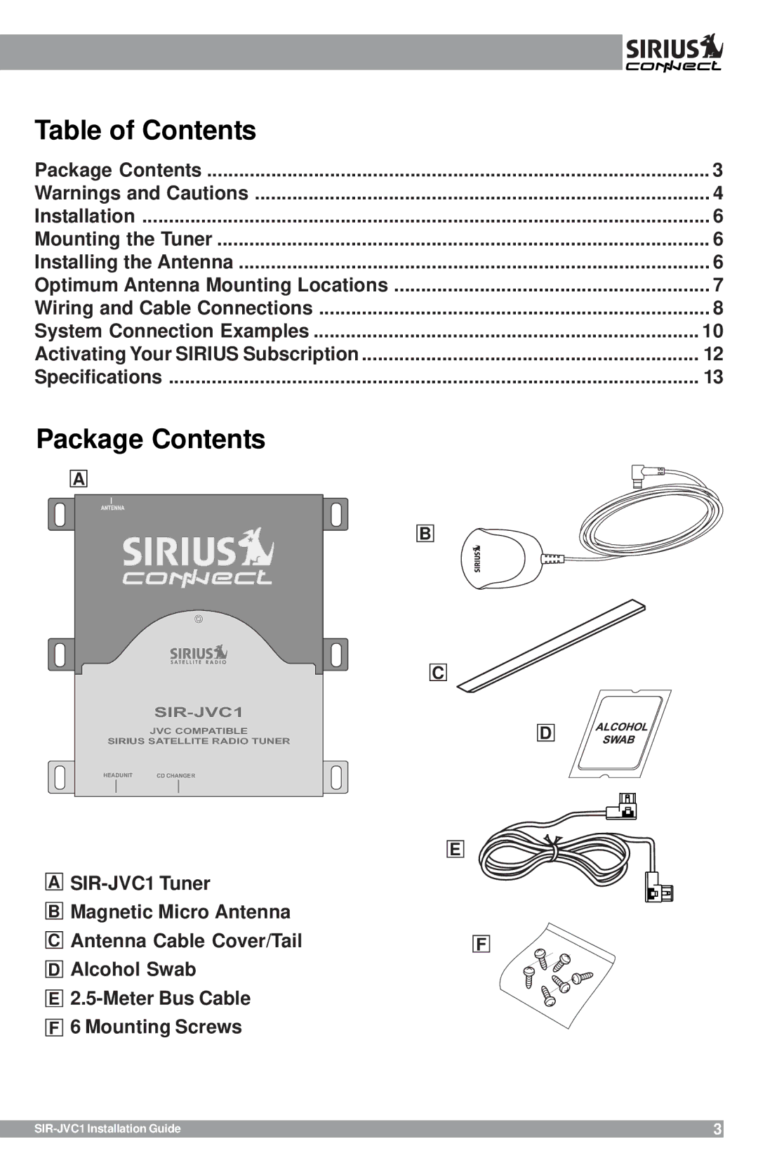 Sirius Satellite Radio SIR-JVC1 manual Table of Contents 