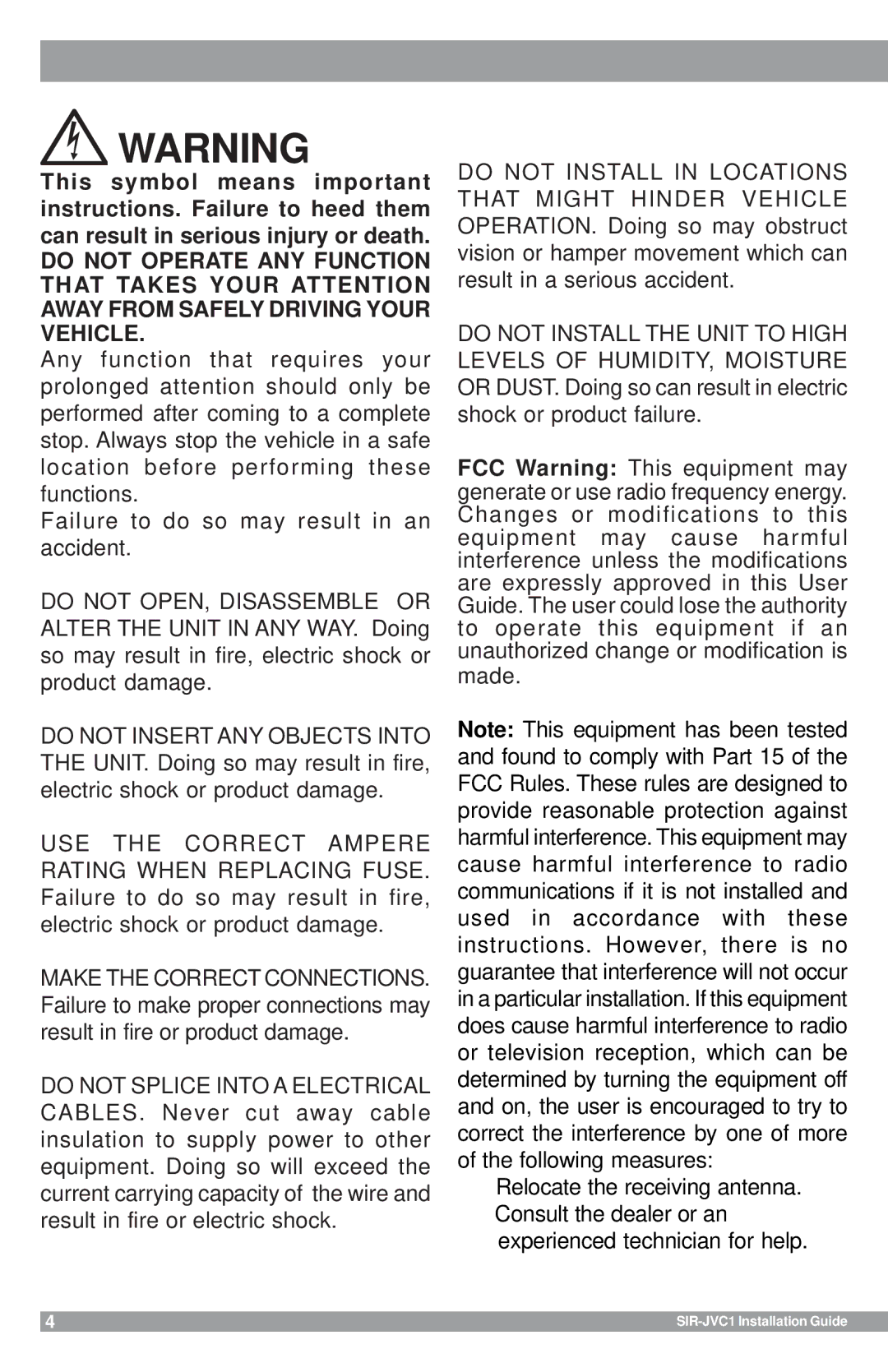 Sirius Satellite Radio manual SIR-JVC1 Installation Guide 