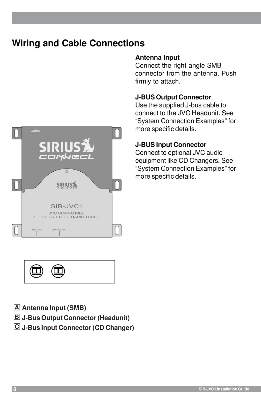 Sirius Satellite Radio SIR-JVC1 manual Wiring and Cable Connections, Antenna Input 