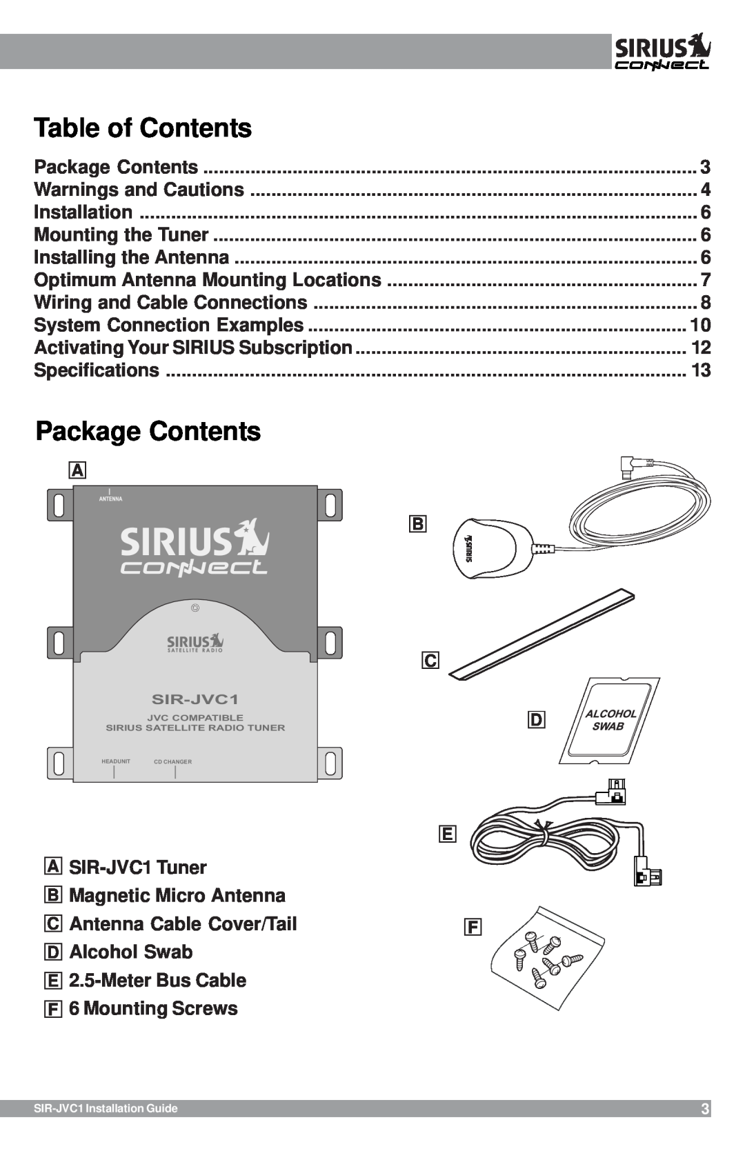 Sirius Satellite Radio SIR-JVC1 manual Package Contents, Table of Contents 