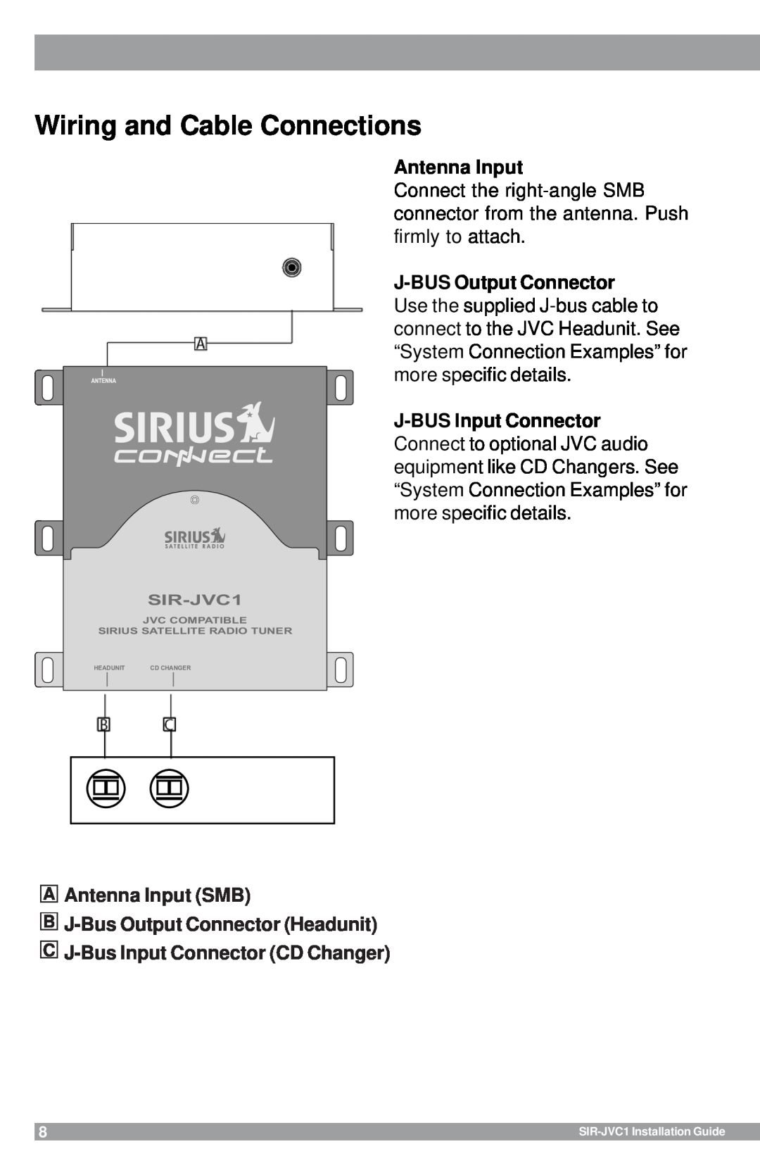 Sirius Satellite Radio SIR-JVC1 manual Wiring and Cable Connections 