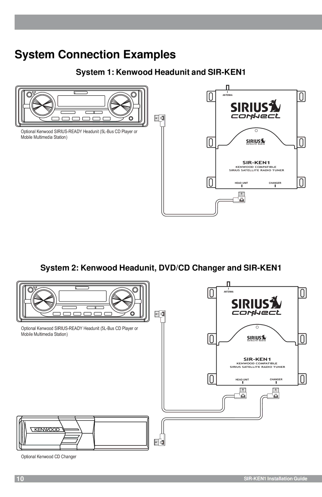 Sirius Satellite Radio manual System Connection Examples, System 1 Kenwood Headunit and SIR-KEN1 