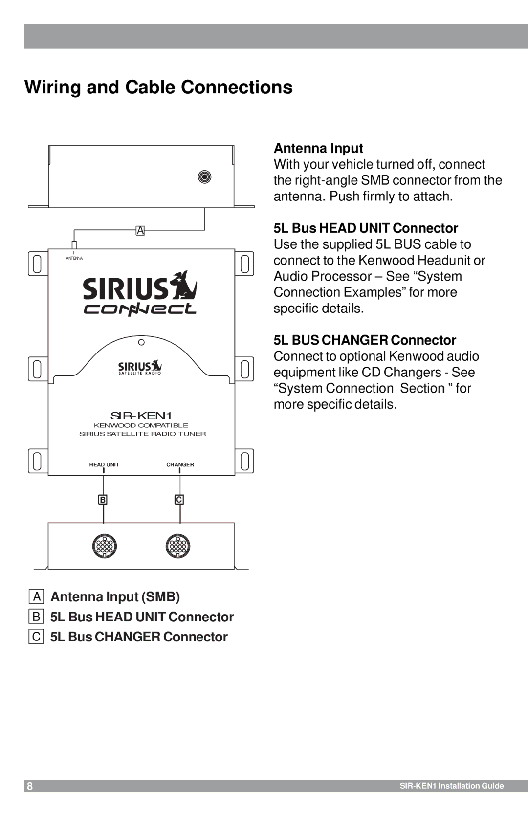 Sirius Satellite Radio SIR-KEN1 manual Wiring and Cable Connections, Antenna Input, 5L Bus Head Unit Connector 