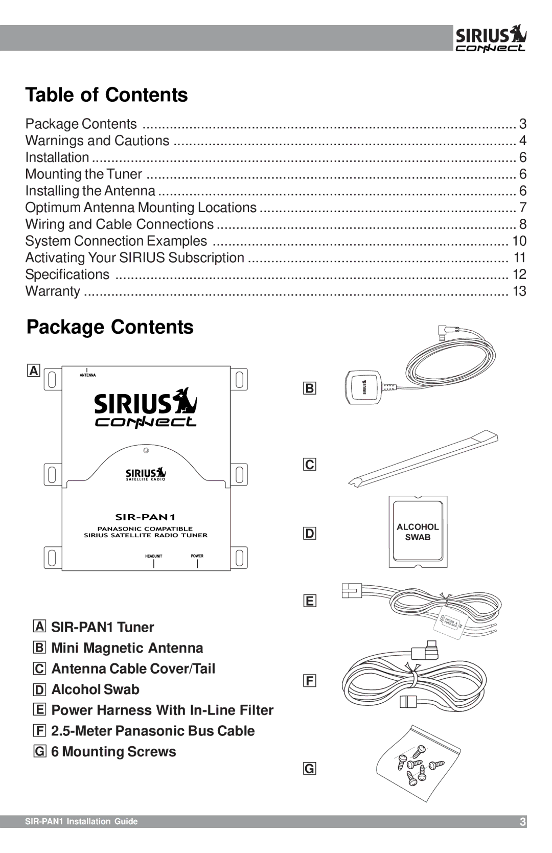 Sirius Satellite Radio SIR-PAN1 manual Table of Contents 