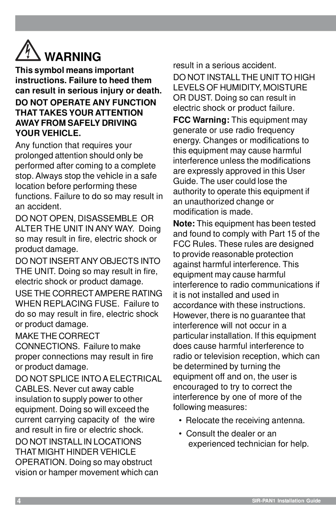 Sirius Satellite Radio manual SIR-PAN1 Installation Guide 