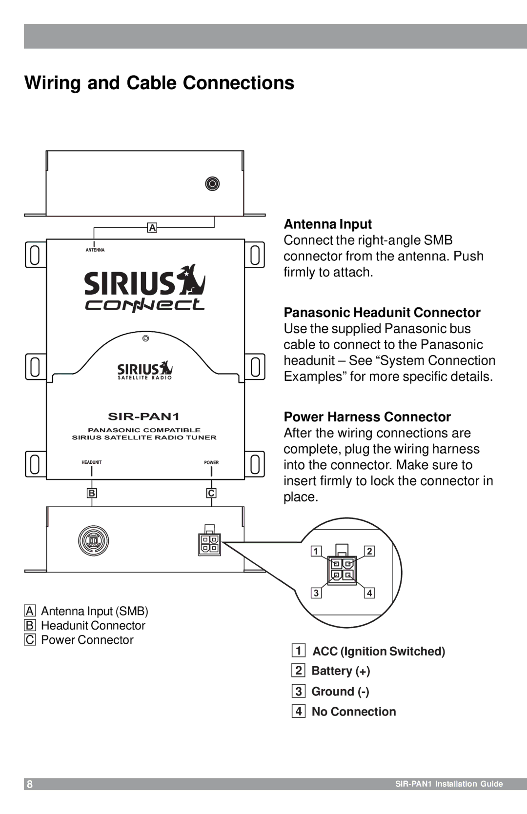 Sirius Satellite Radio SIR-PAN1 manual Wiring and Cable Connections, Antenna Input 