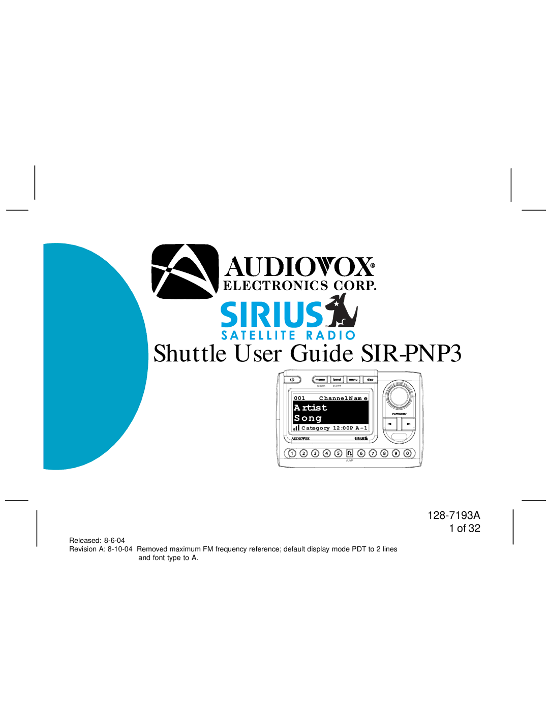 Sirius Satellite Radio manual Shuttle User Guide SIR-PNP3 