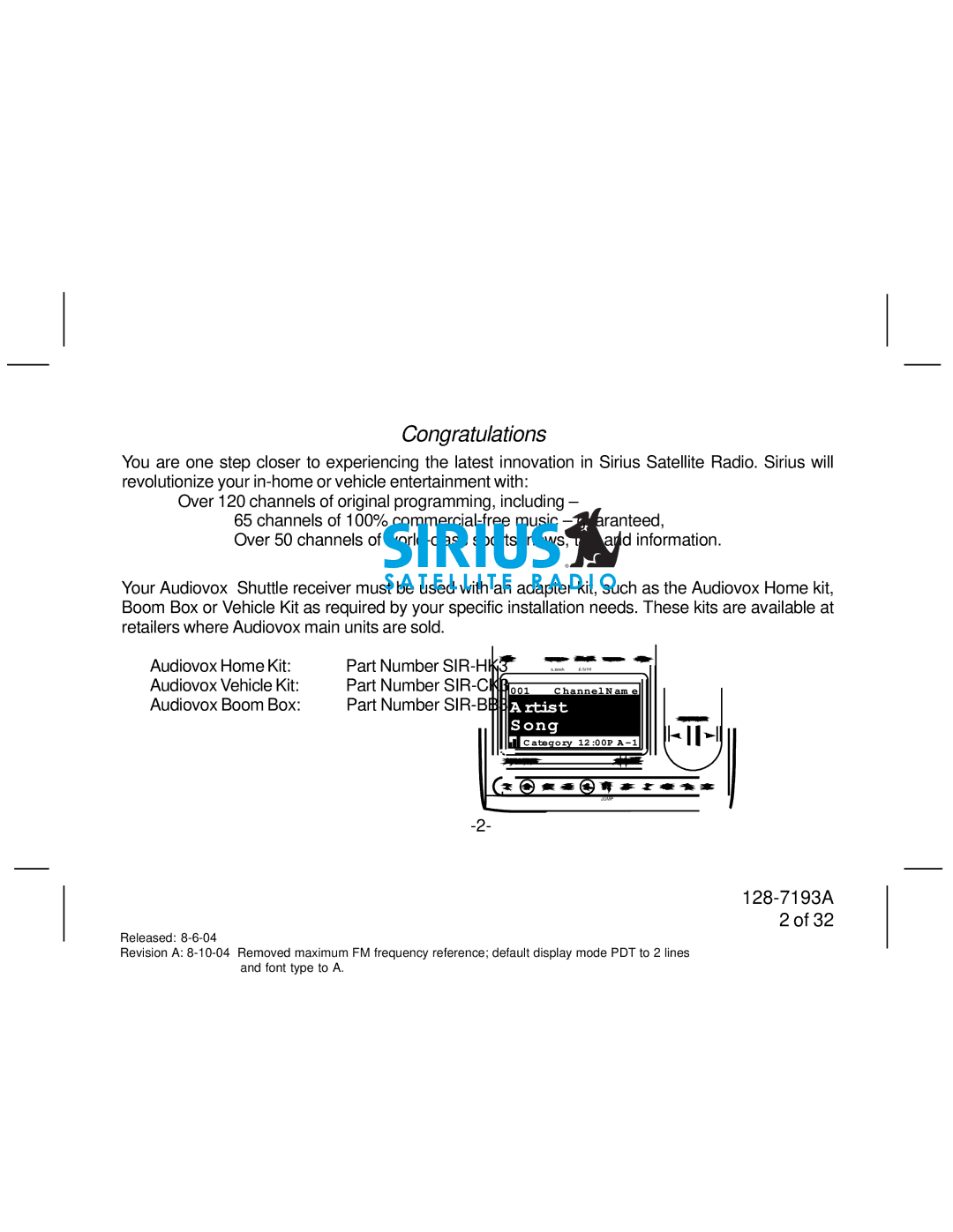 Sirius Satellite Radio SIR-PNP3 manual Congratulations 