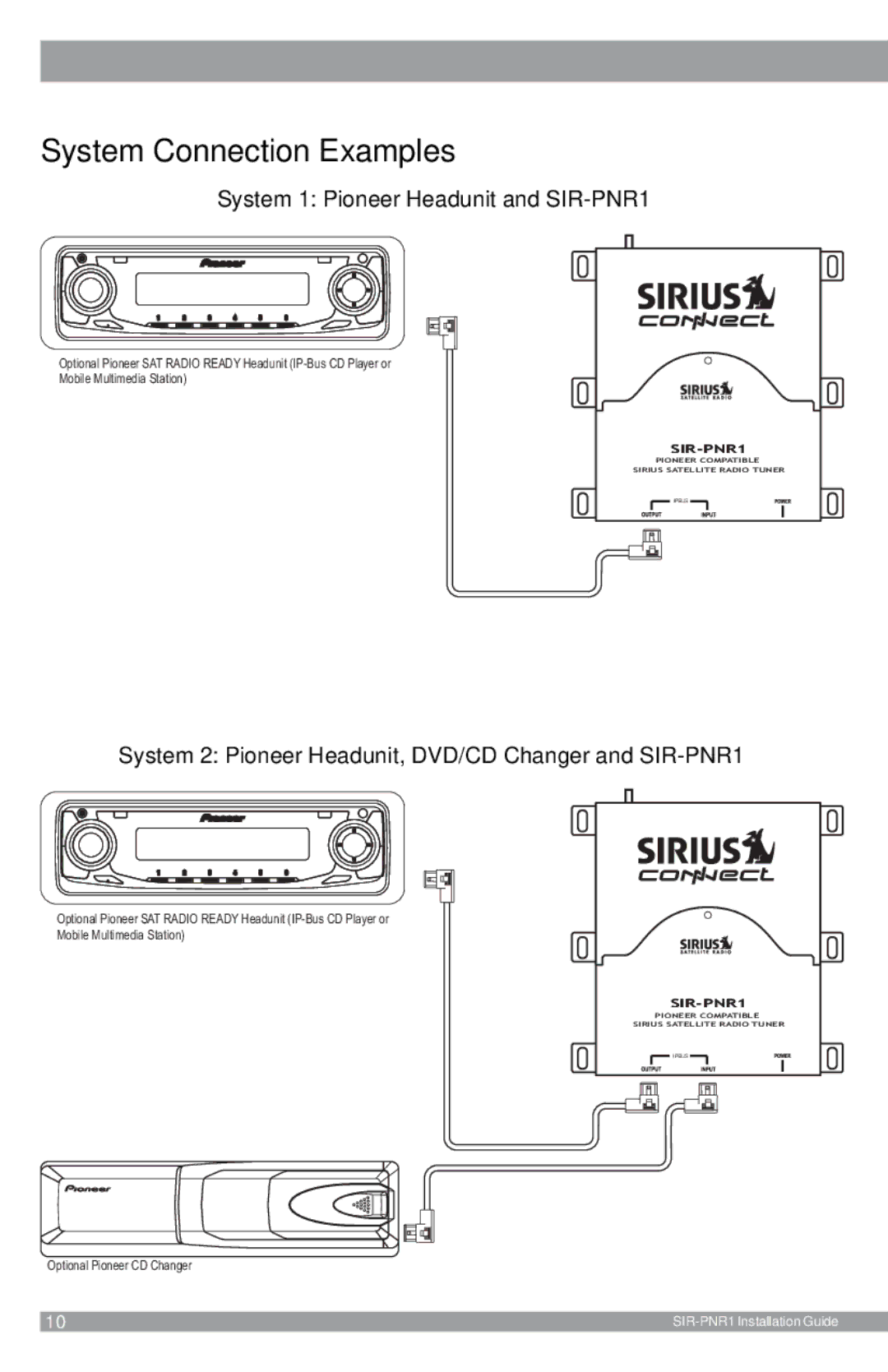 Sirius Satellite Radio manual System Connection Examples, System 1 Pioneer Headunit and SIR-PNR1 