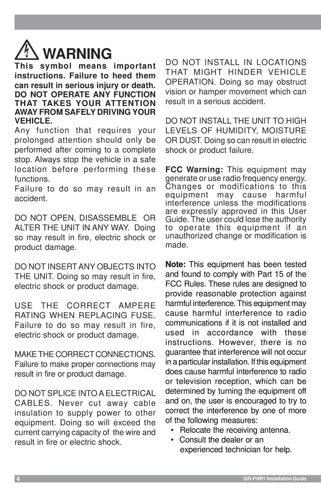 Sirius Satellite Radio manual SIR-PNR1 Installation Guide 