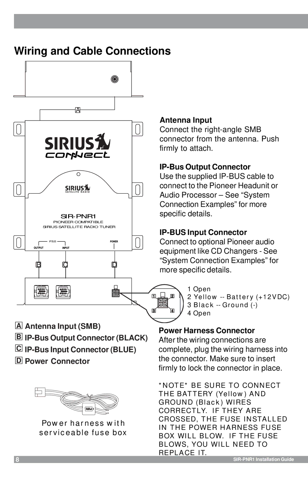 Sirius Satellite Radio SIR-PNR1 manual Wiring and Cable Connections, Antenna Input, IP-Bus Output Connector 