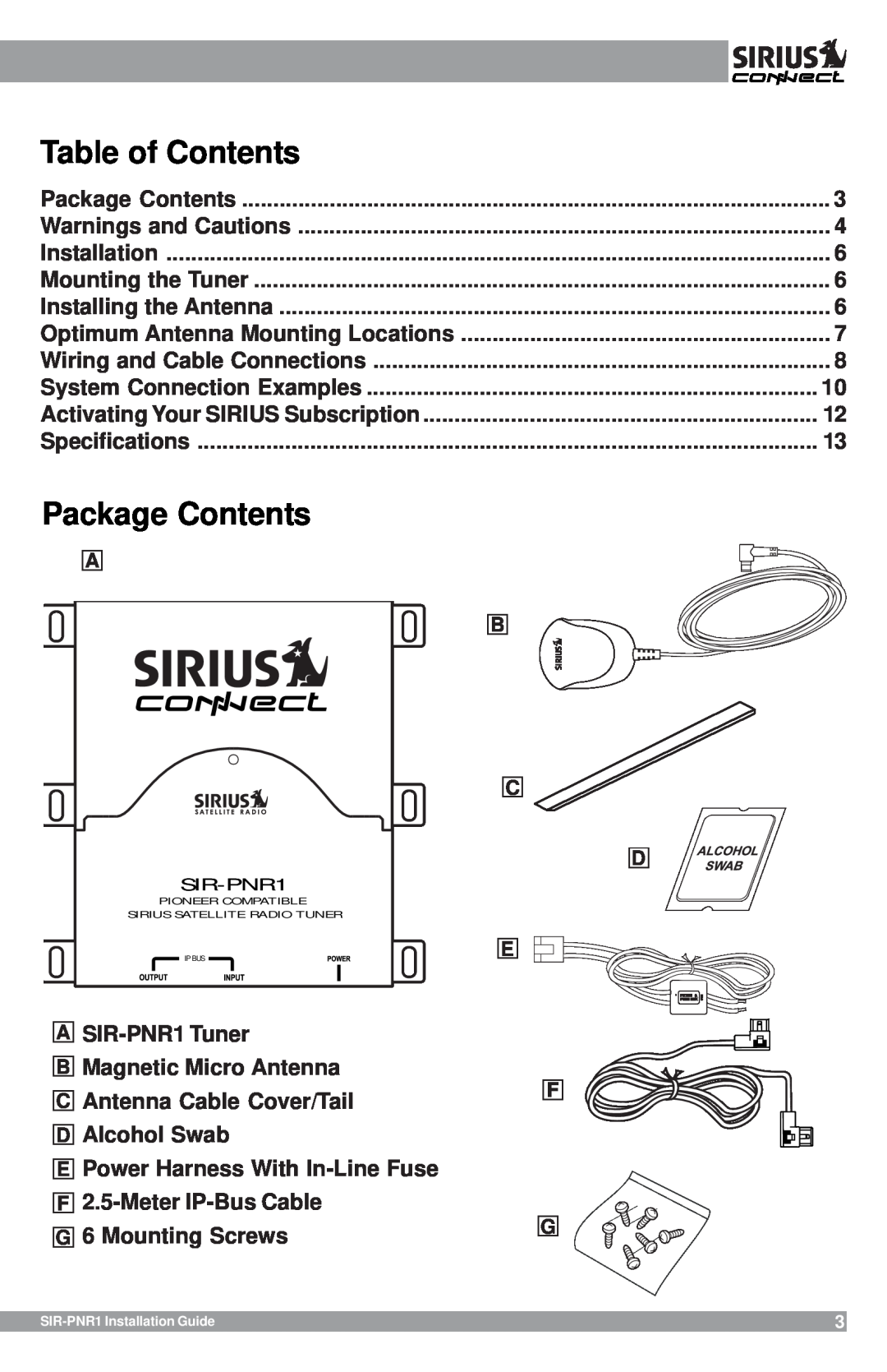Sirius Satellite Radio SIR-PNR1 manual Package Contents, Table of Contents 