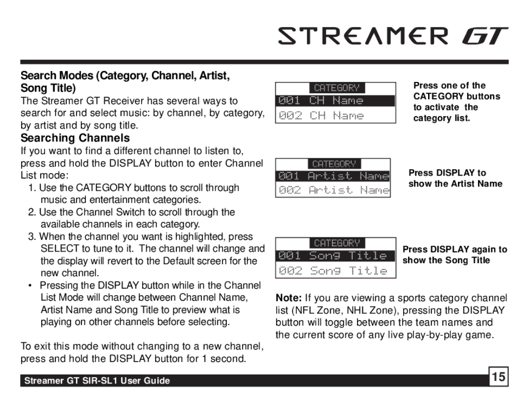 Sirius Satellite Radio SIR-SL1 manual Search Modes Category, Channel, Artist, Song Title, Searching Channels 