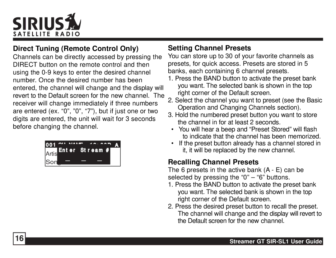 Sirius Satellite Radio SIR-SL1 manual Direct Tuning Remote Control Only, Setting Channel Presets, Recalling Channel Presets 