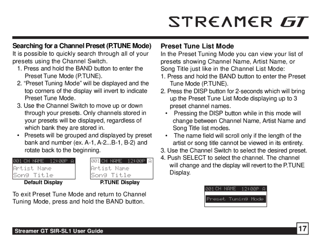 Sirius Satellite Radio SIR-SL1 manual Preset Tune List Mode, Searching for a Channel Preset P.TUNE Mode 