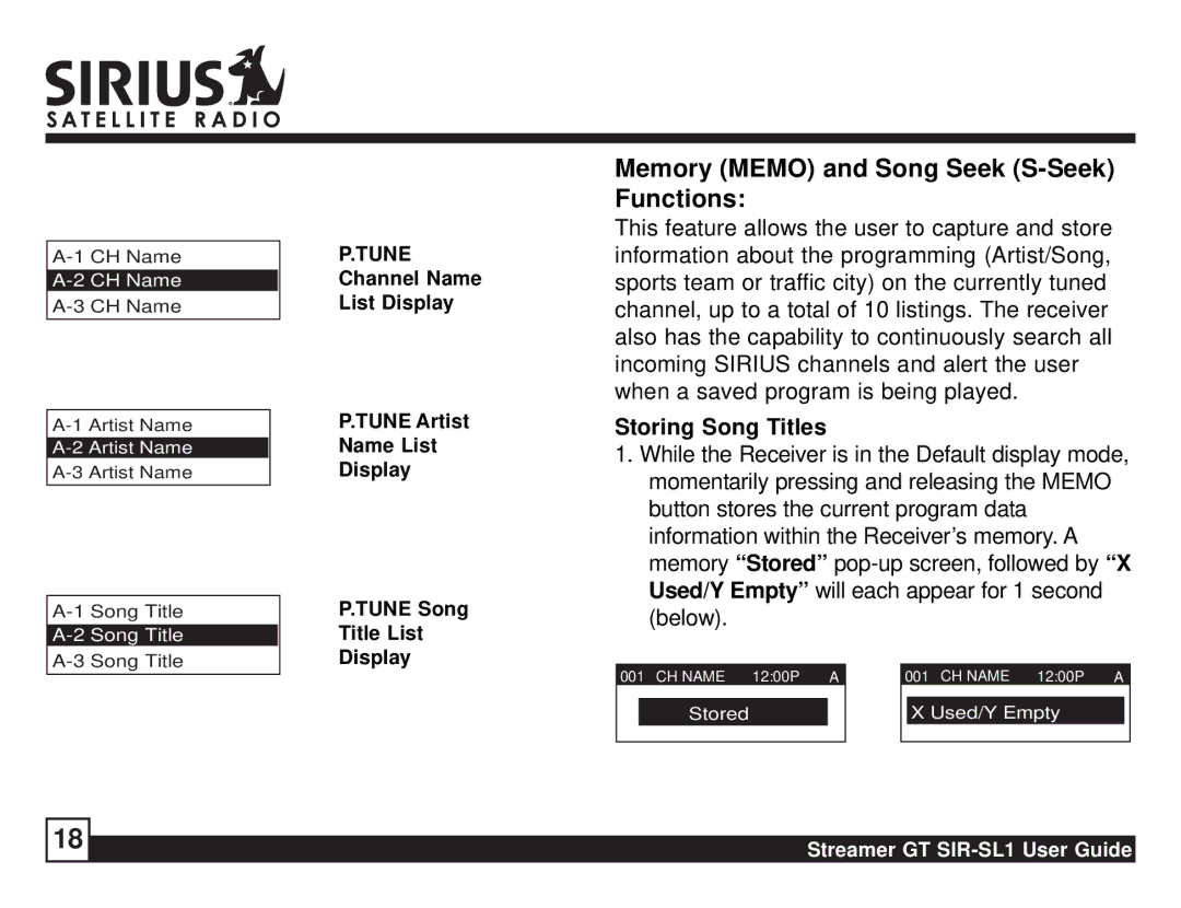 Sirius Satellite Radio SIR-SL1 manual Memory Memo and Song Seek S-Seek Functions, Storing Song Titles 