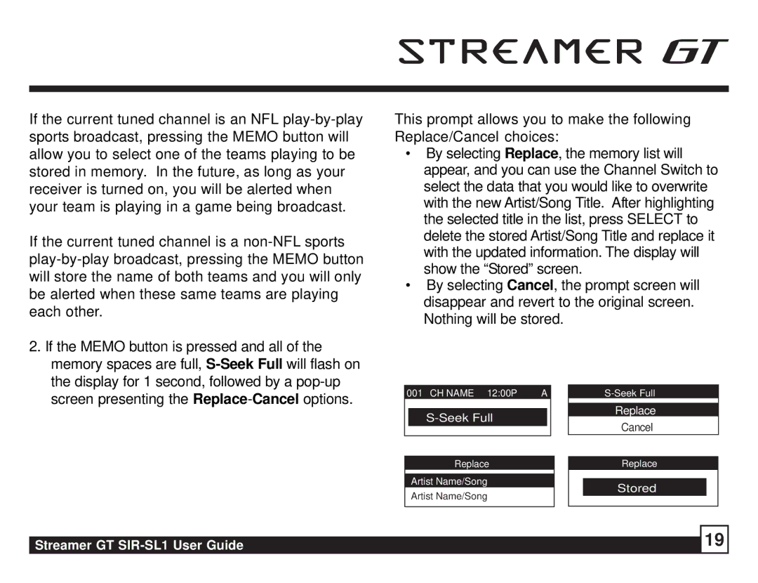 Sirius Satellite Radio SIR-SL1 manual Seek Full 