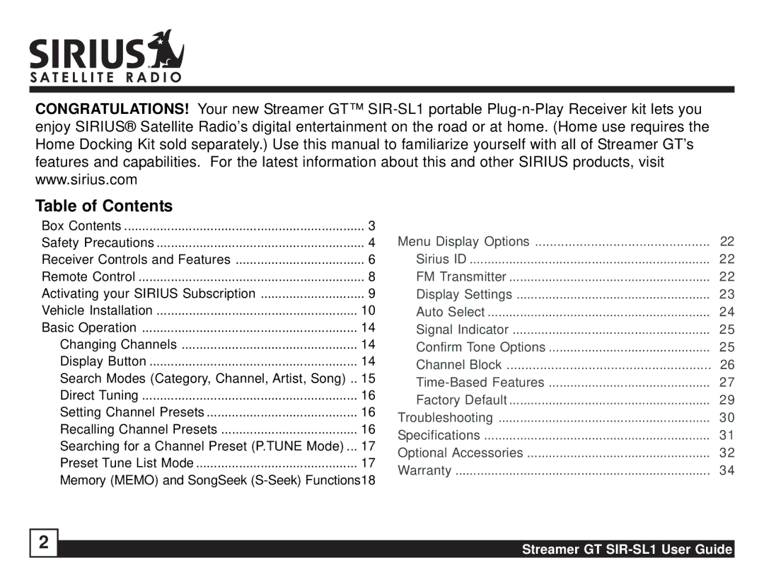 Sirius Satellite Radio SIR-SL1 manual Table of Contents 